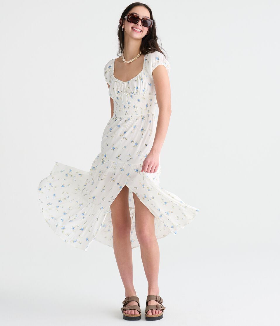 Aeropostale Womens' Floral Scoop-Neck Smocked Waist Midi Dress - White - Size XXL - Rayon - Teen Fashion & Clothing Aeropostale Womens' Floral Scoop-Neck Smocked Waist Midi Dress - White - Size XXL - Rayon - Teen Fashion & Clothing