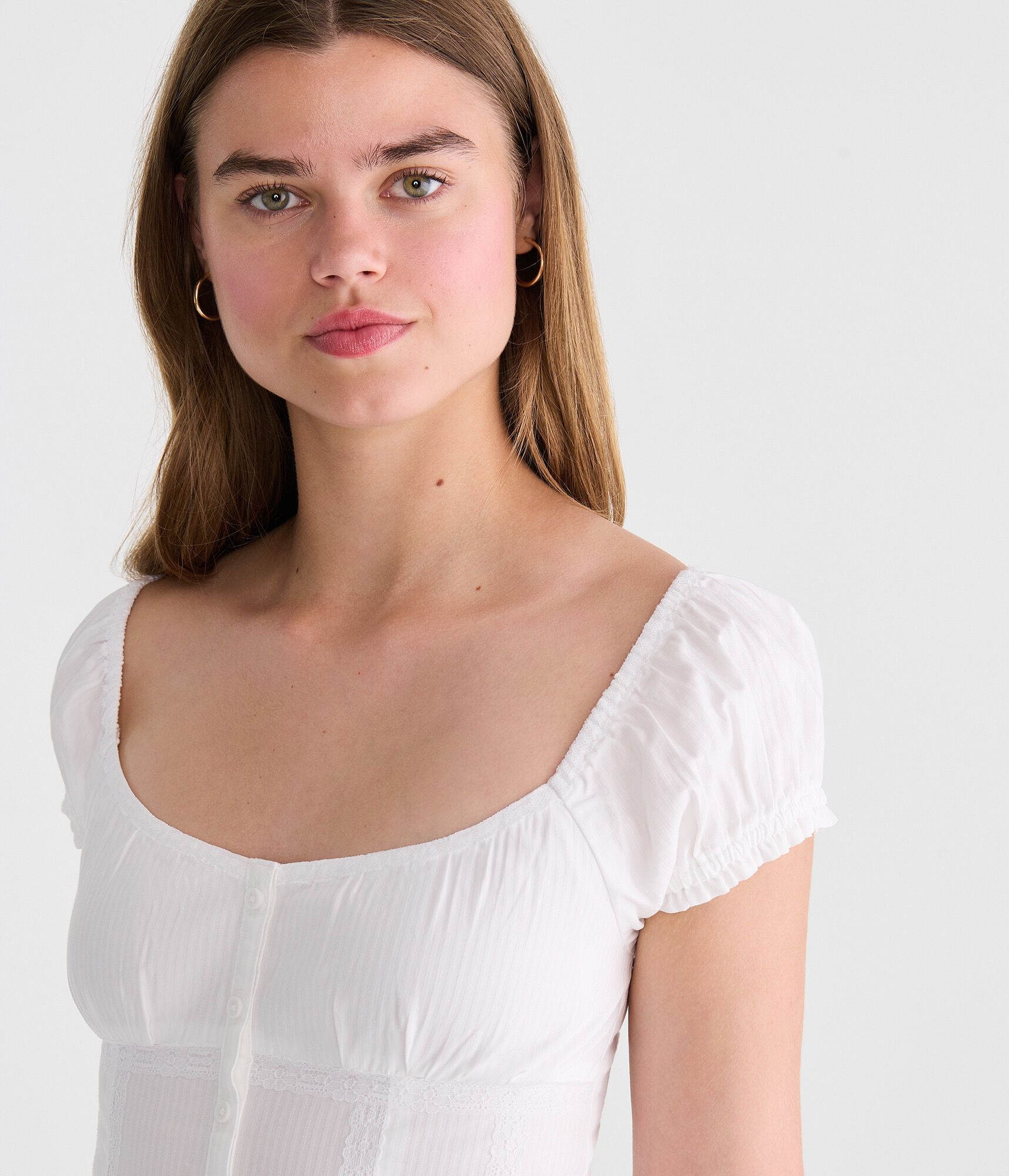 Tonal Stripe Button-Front Scoop-Neck Blouse