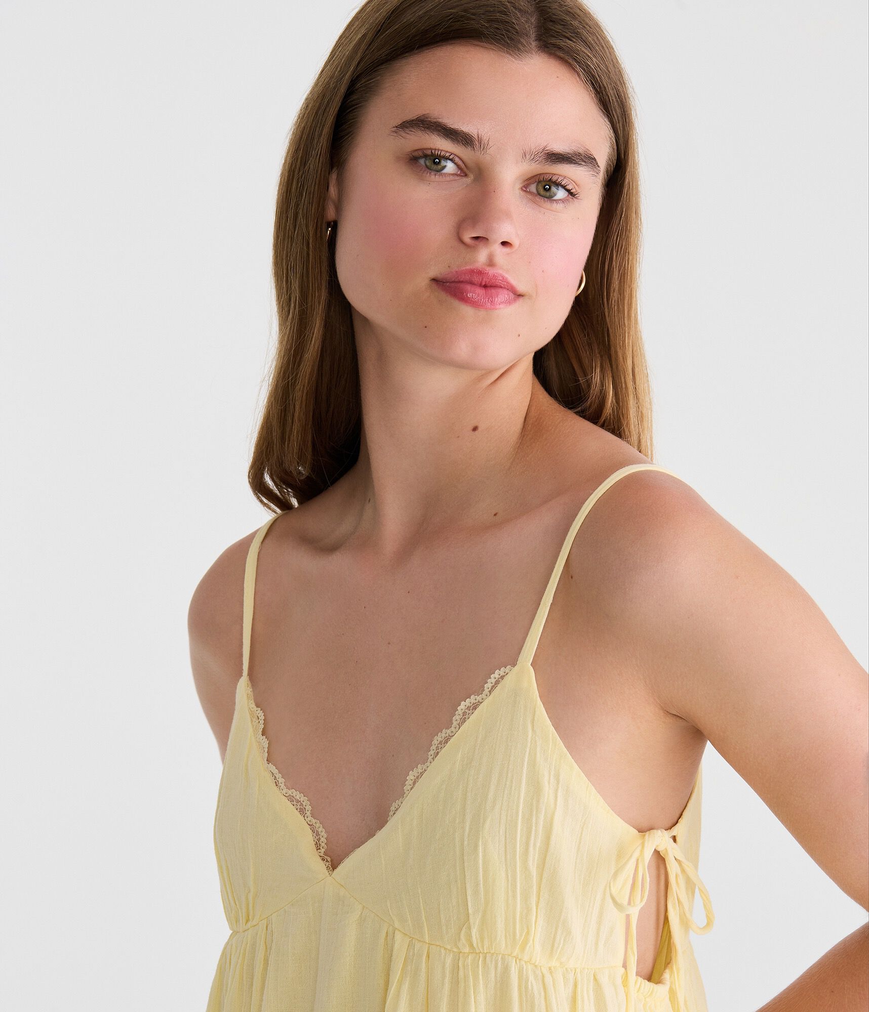 Solid V-Neck Lace-Trim Babydoll Mini Dress