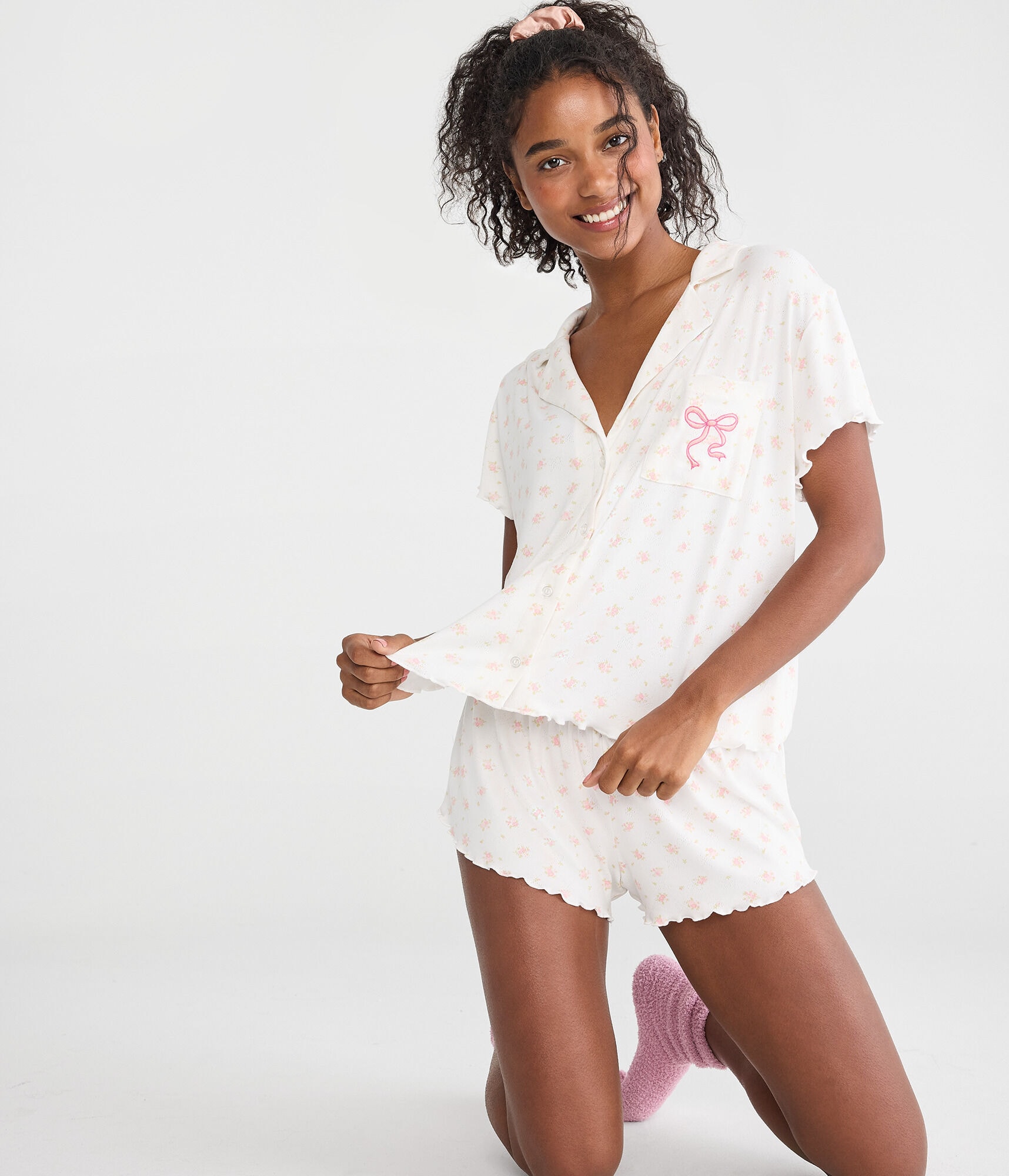 Printed Pointelle Knit Sleep Shorts