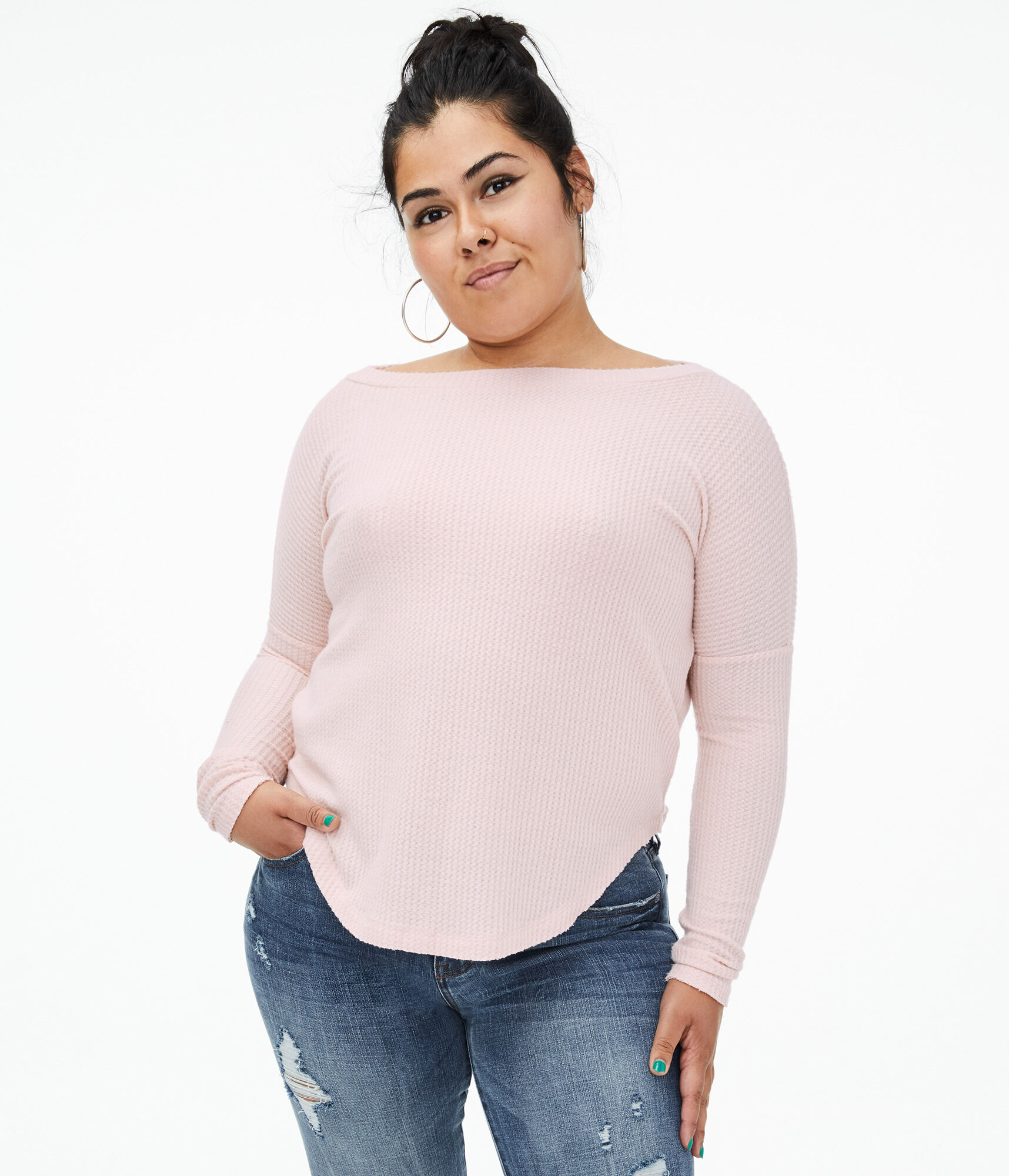 Long Sleeve Waffle-Knit Boat-Neck Top
