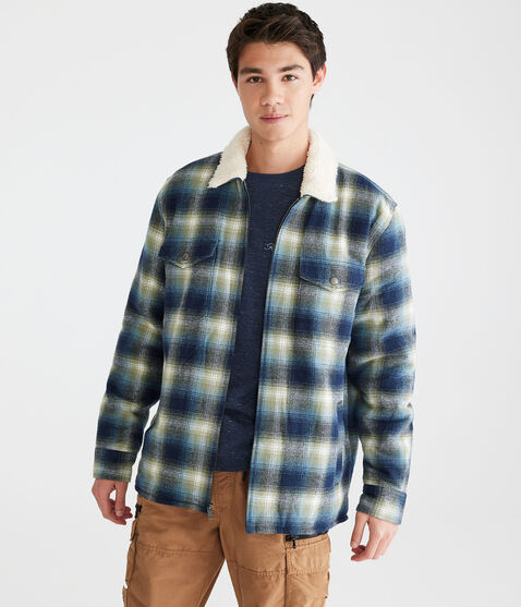 Plaid Sherpa-Lined Full-Zip Flannel Shacket Plaid Sherpa-Lined Full-Zip Flannel Shacket