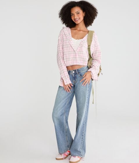 Long Sleeve Cinched Hem Plaid Flannel Shirt Long Sleeve Cinched Hem Plaid Flannel Shirt