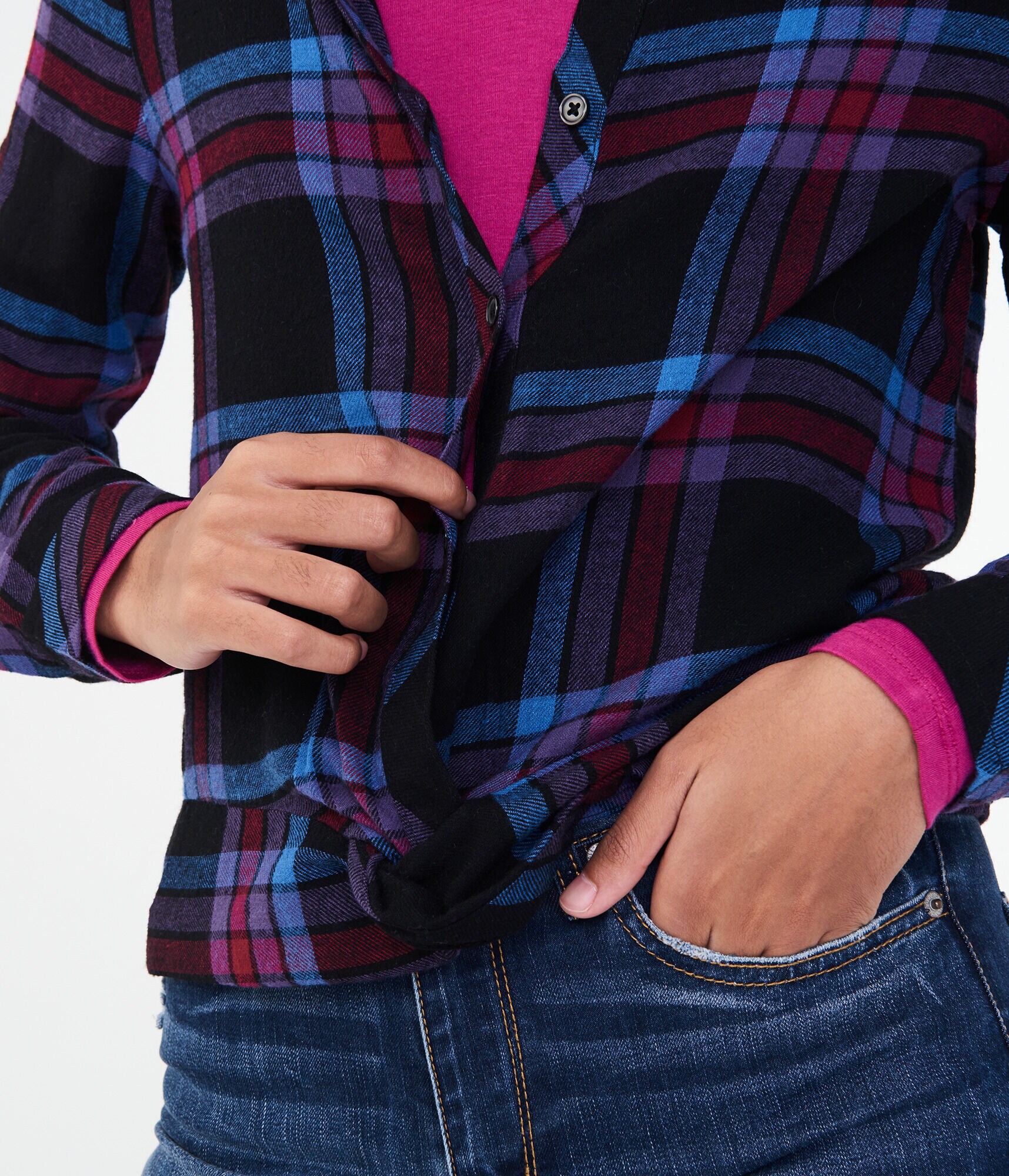 Long Sleeve Plaid Knot-Front Woven Shirt