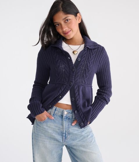 Déjà For Aero Cable Button-Front Mock-Neck Sweater by Aeropostale