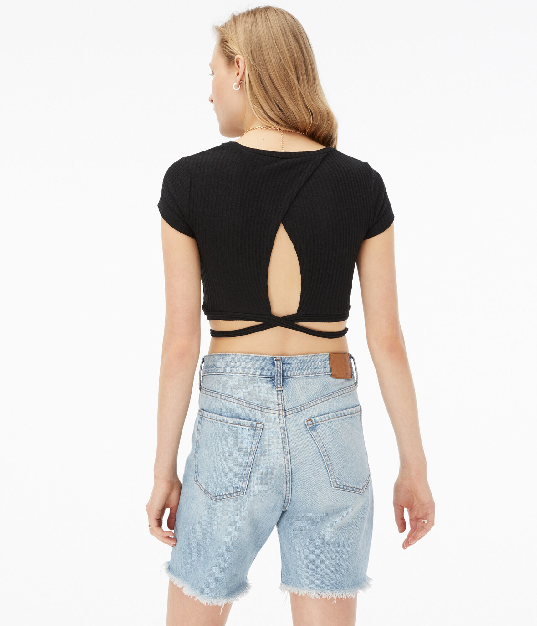 Striped Crossover-Back Crop Top