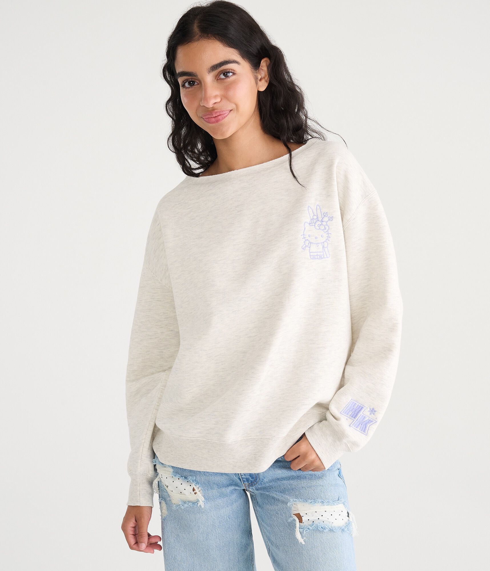 Hello Kitty Skiing Oversized Off-The-Shoulder Sweatshirt