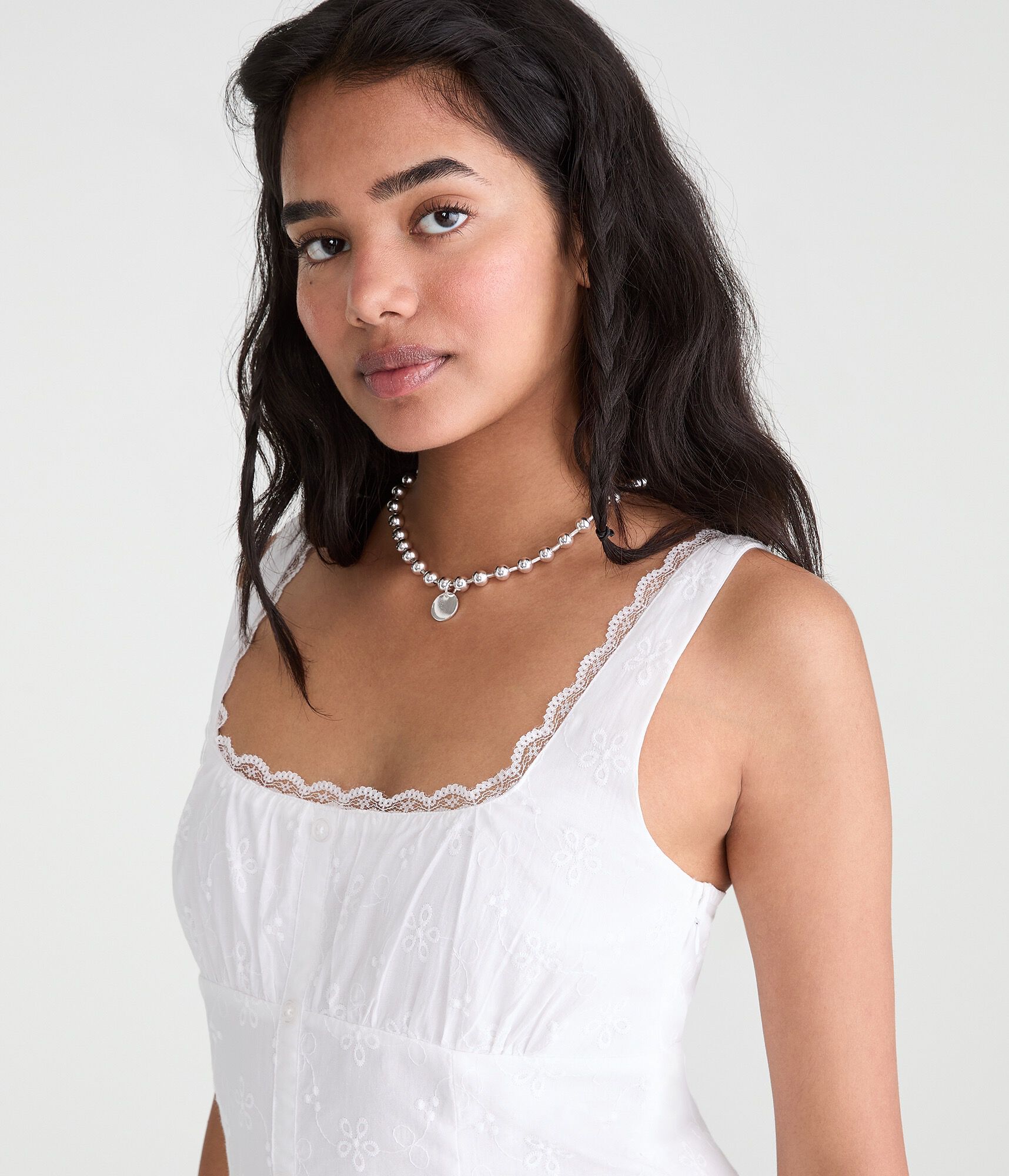 Solid Scoop-Neck Eyelet A-Line Mini Dress