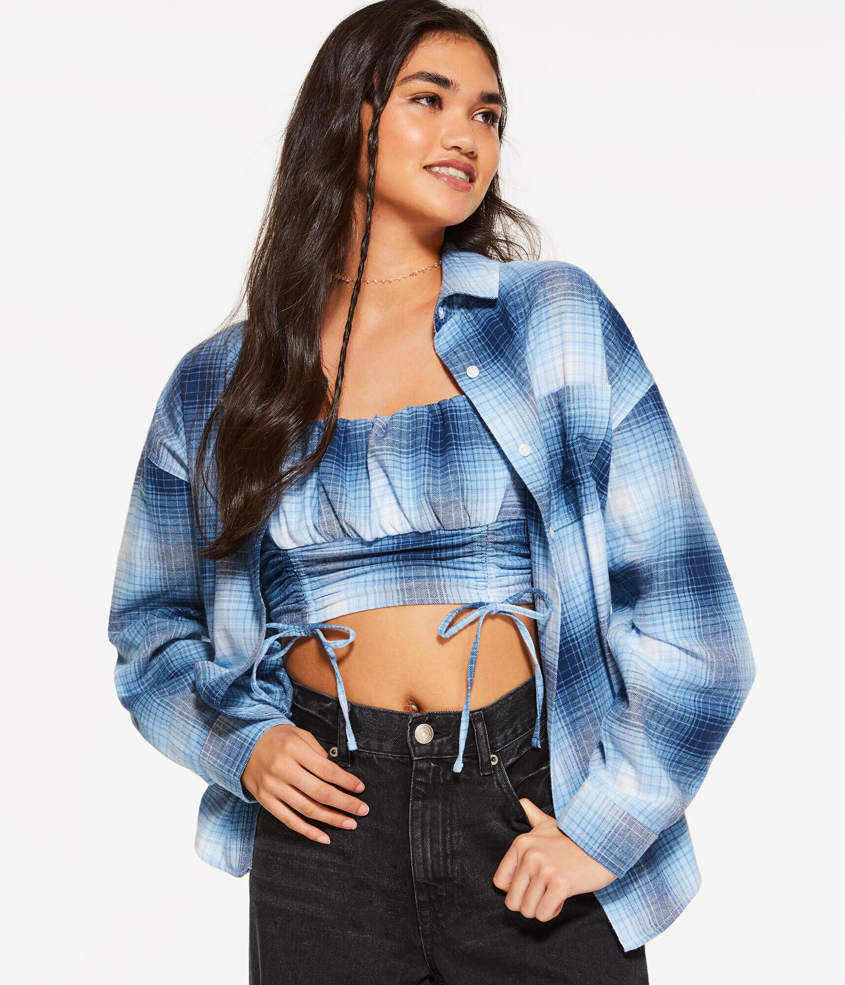 Long Sleeve Oversized Plaid Flannel Button-Down Shirt
