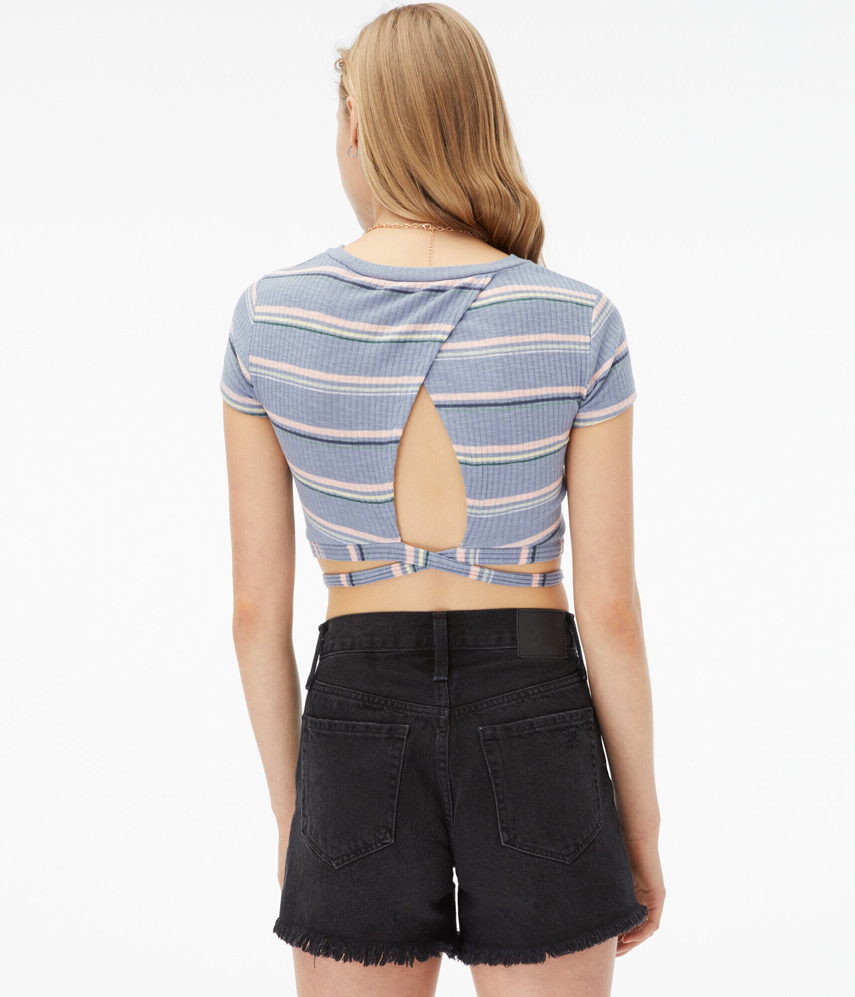 Striped Crossover-Back Crop Top