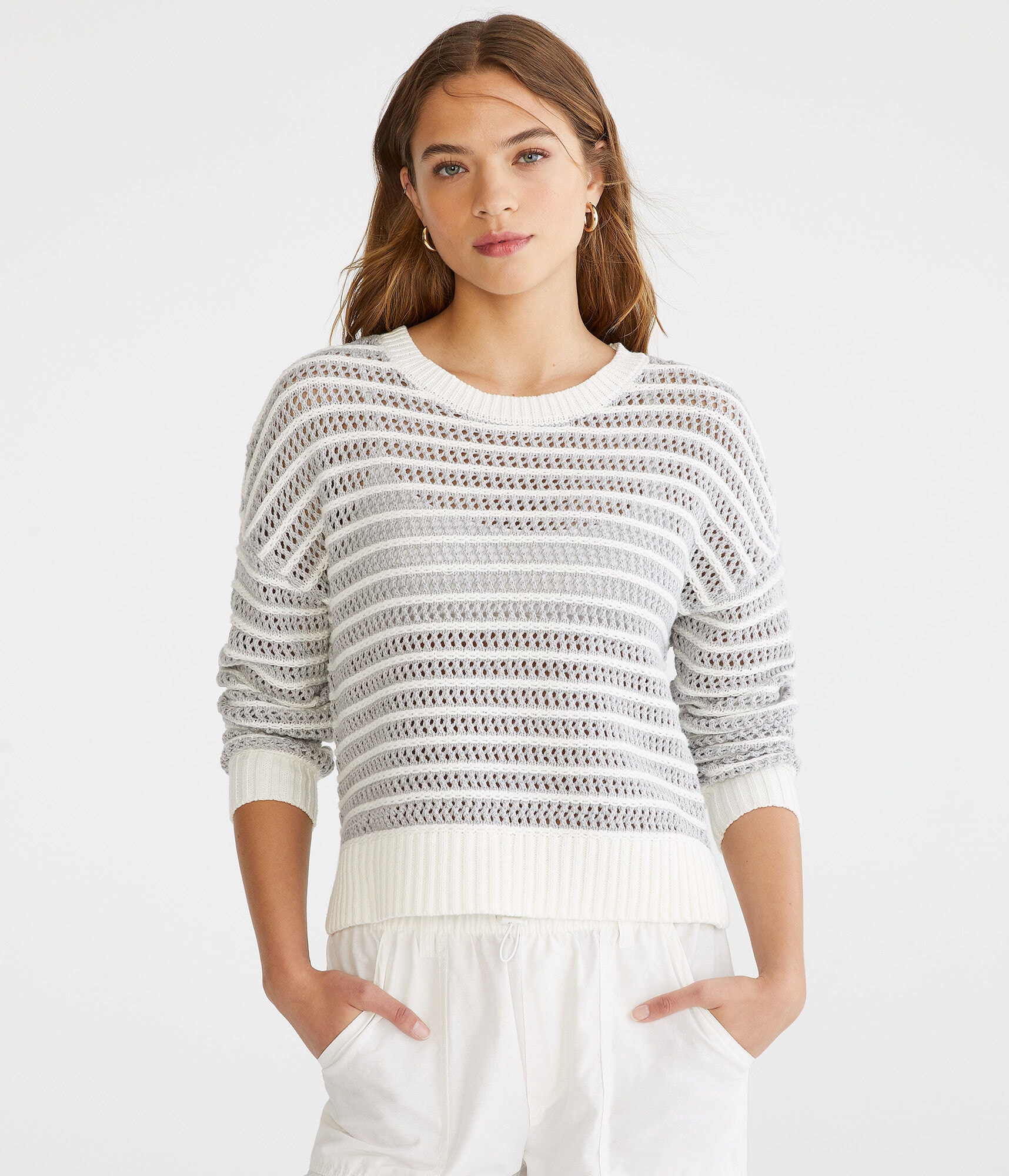 Striped Open Knit High-Low Crew Sweater