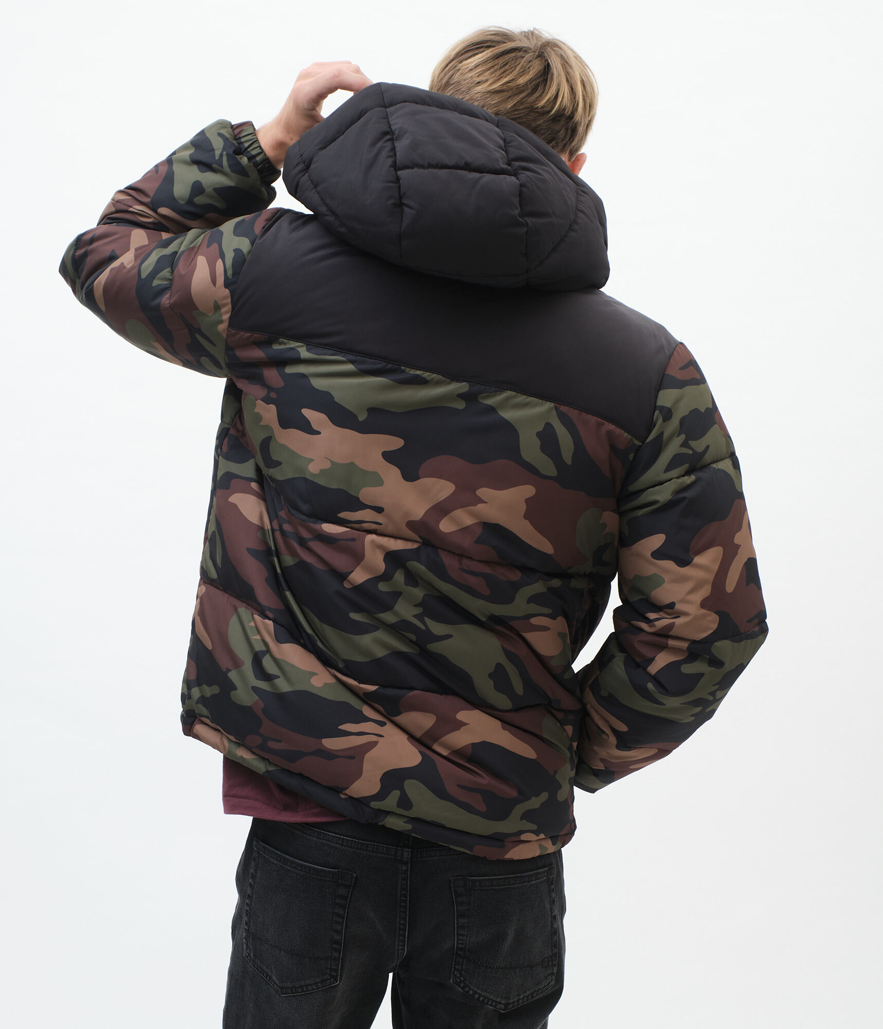 Colorblocked Camo Hooded Puffer Jacket