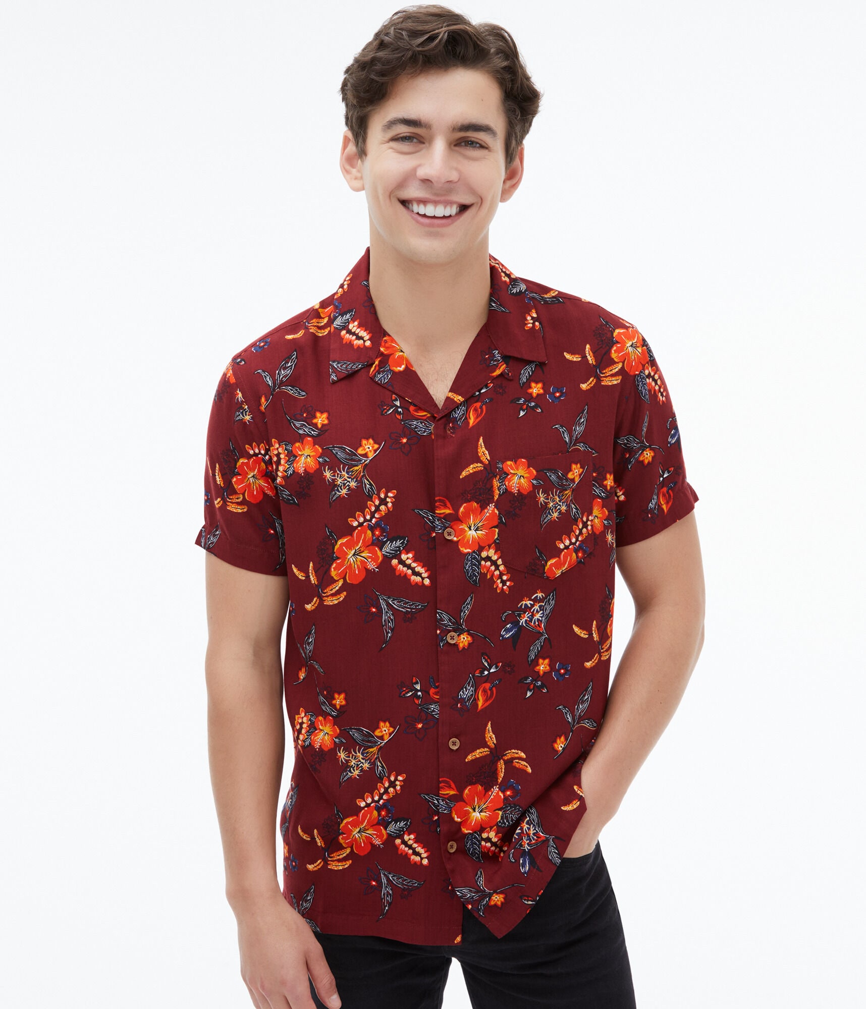 Tropical Floral Button-Down Camp Shirt