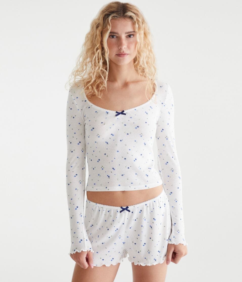 Long Sleeve Printed Cropped Scoop-Neck Sleep Tee