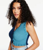 Colorblocked Ruffle Button-Up Cropped Tank