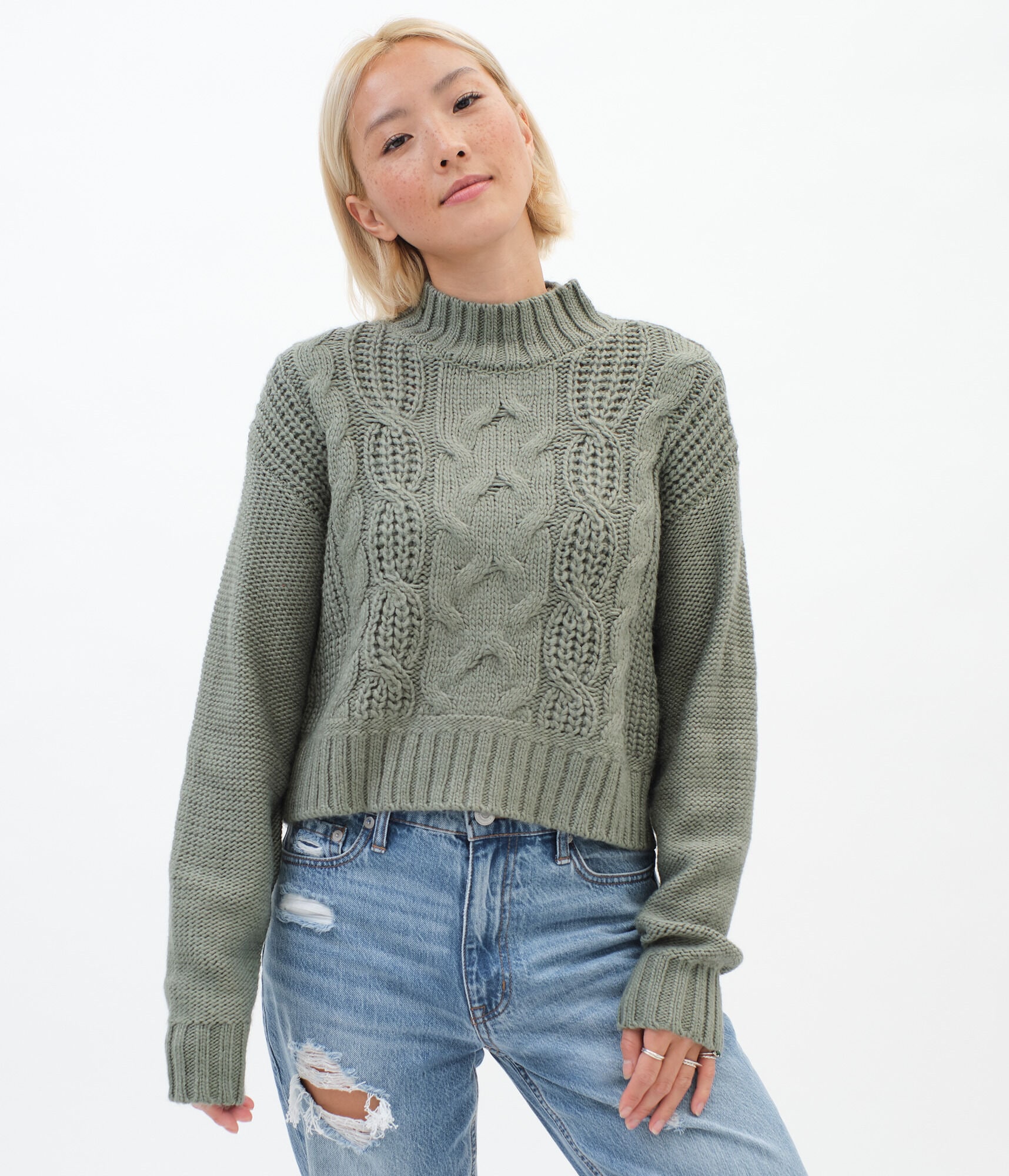 Cable Knit Mock-Neck Sweater