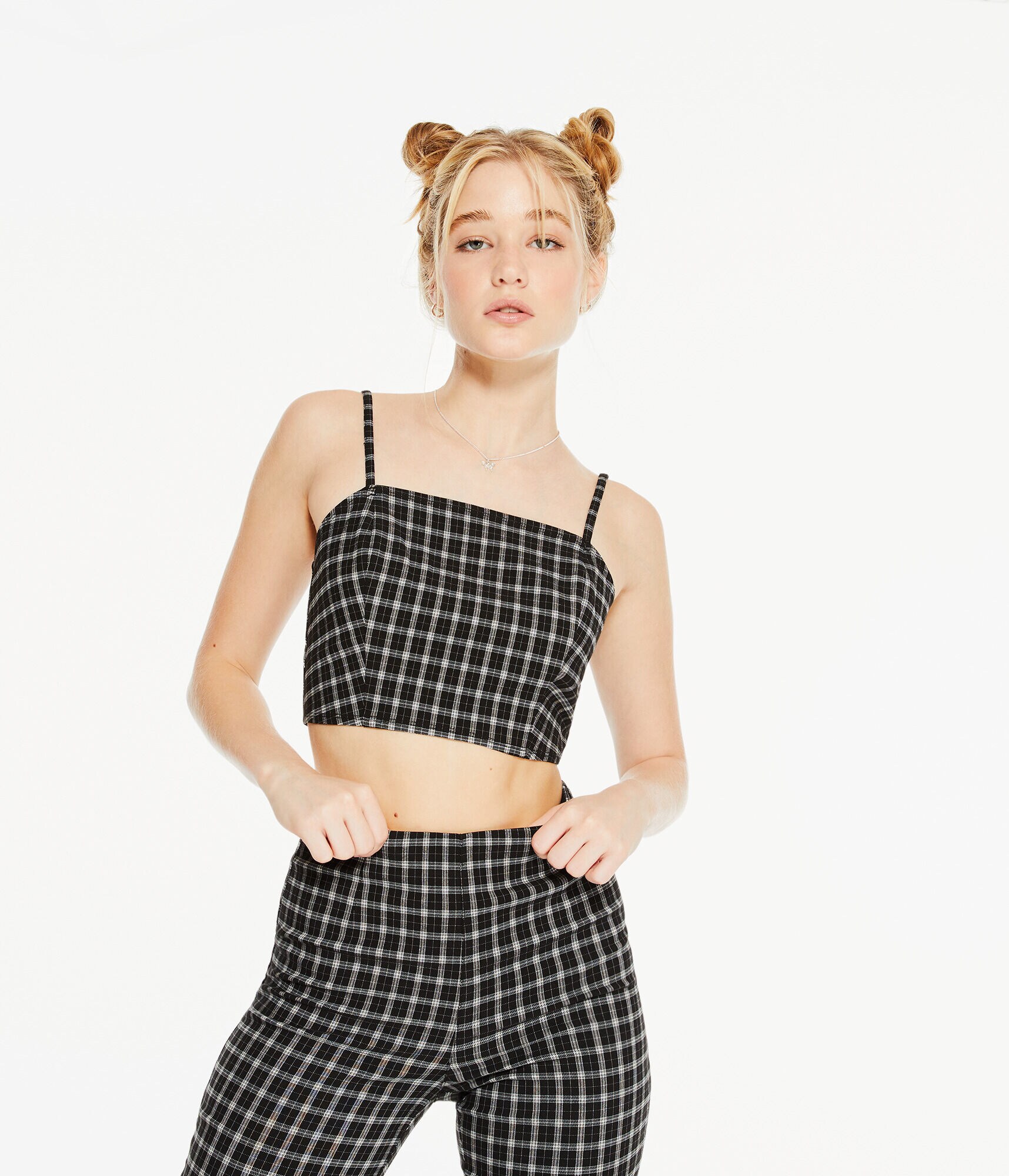 Plaid Square-Neck Cropped Cami