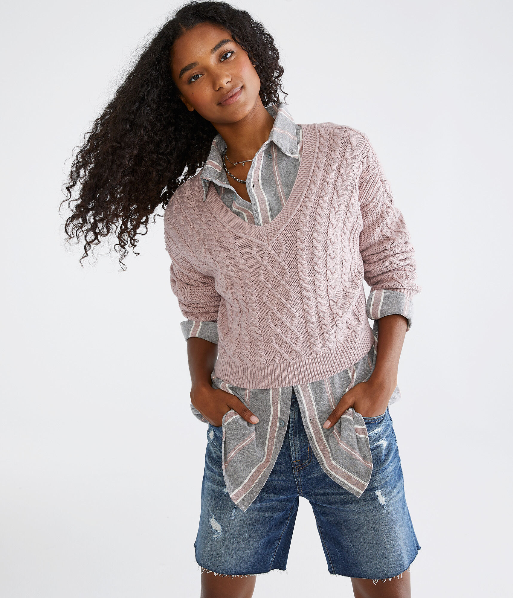 Slouchy Cable-Knit Cropped V-Neck Sweater