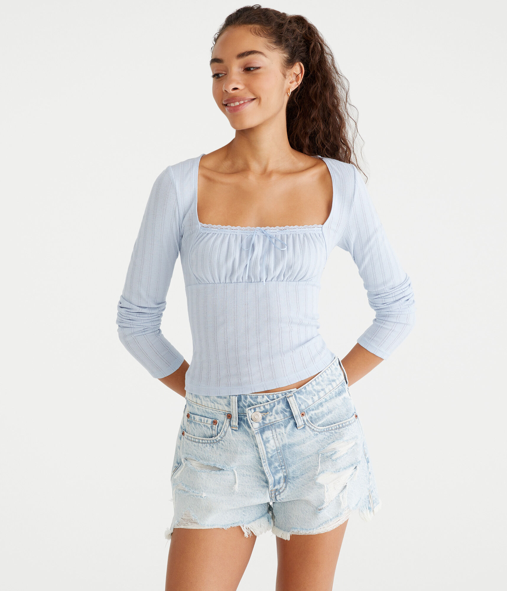 Long Sleeve Ruched Pointelle Top