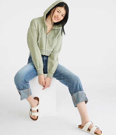 Solid Cropped Full-Zip Hoodie