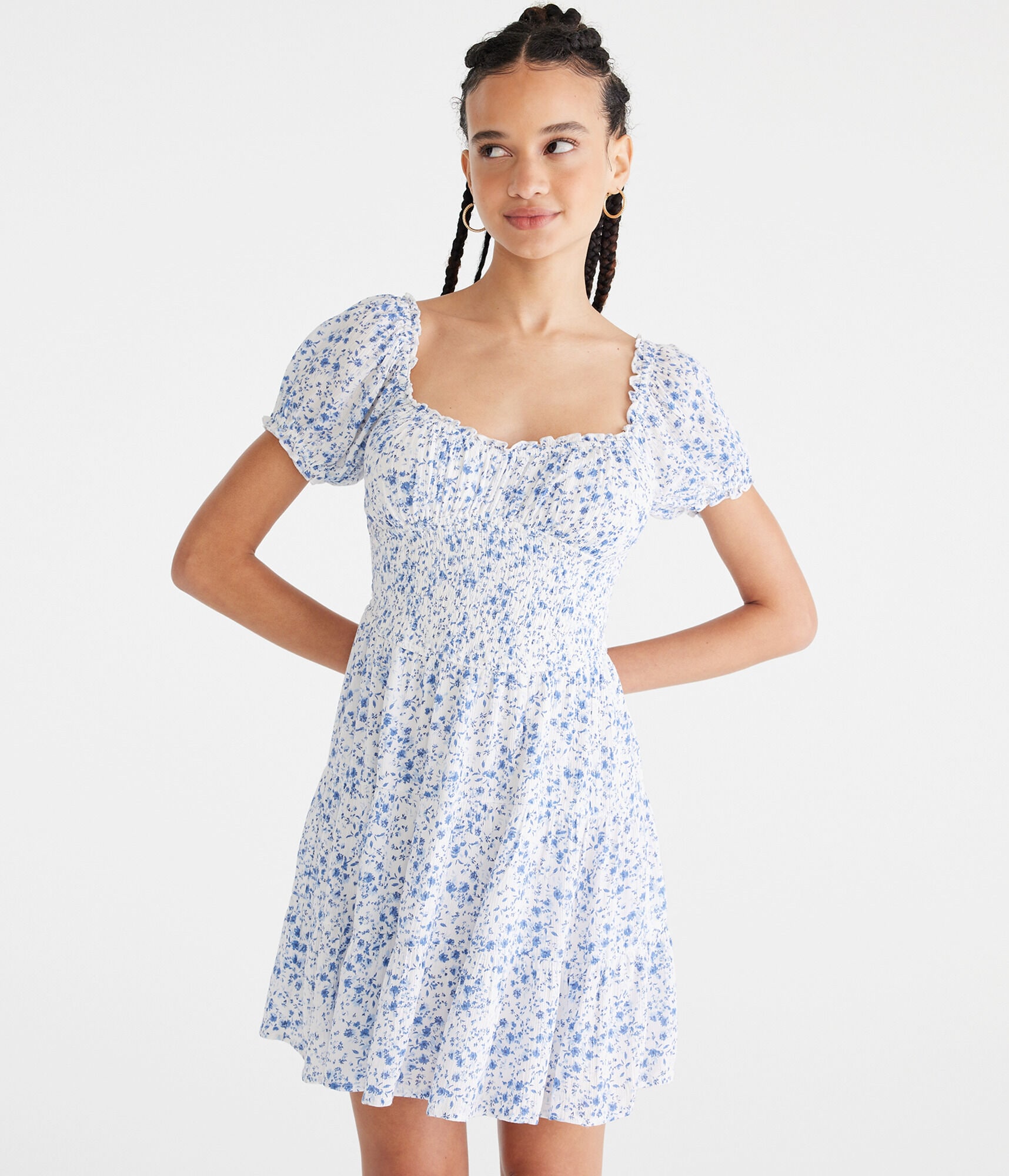 floral scoop-neck smocked fit & flare dress Scoop Neck Floral Dresses for Women