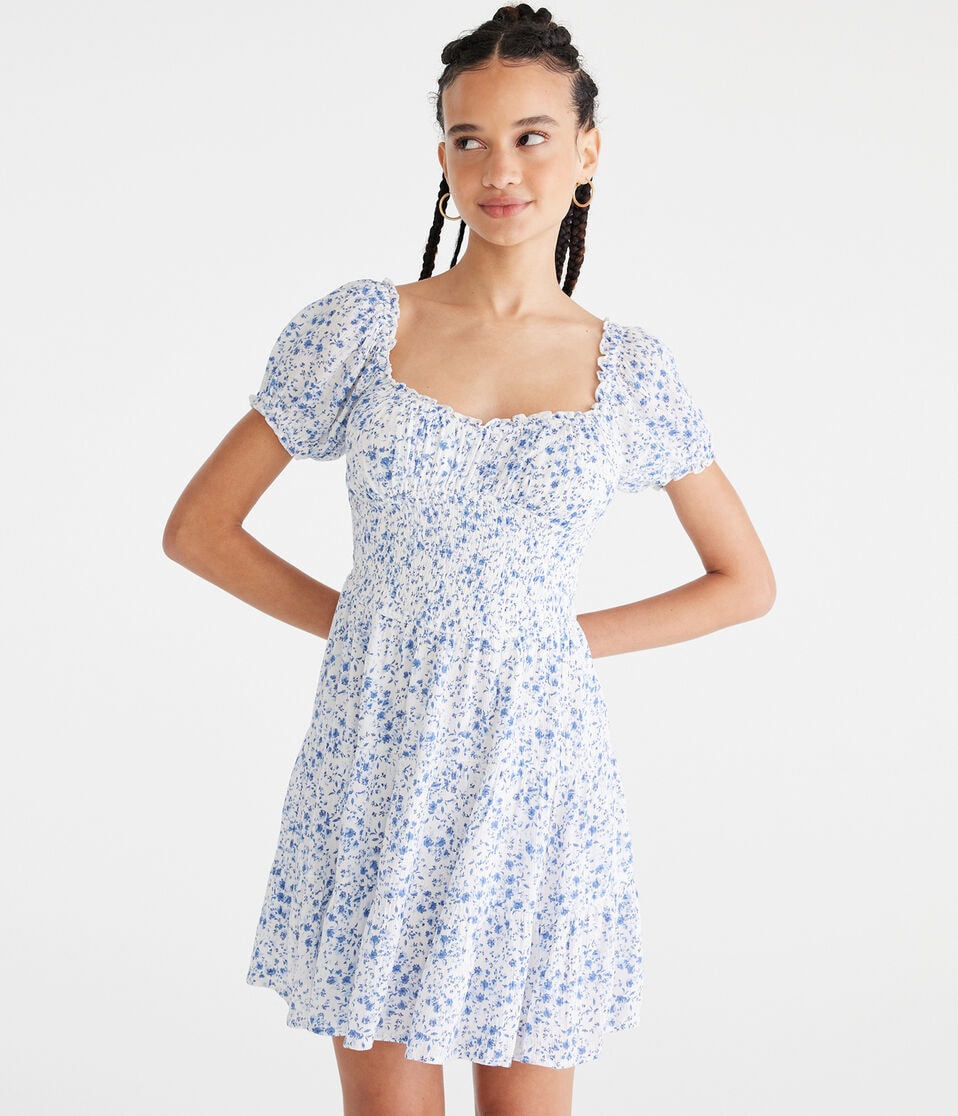 Floral Scoop-Neck Smocked Fit Flare Dress - Main Image