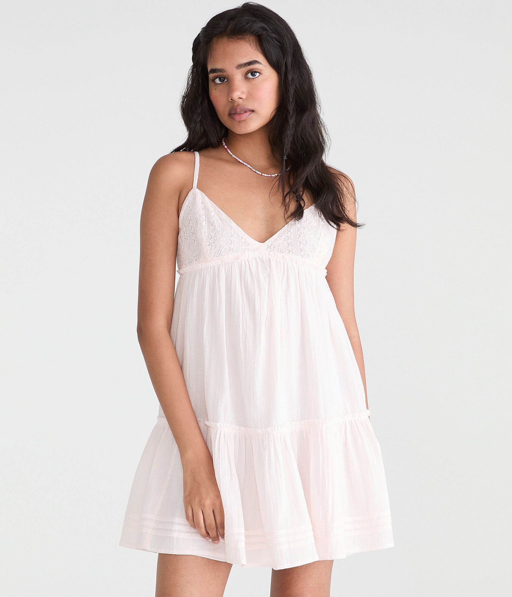 Solid V-Neck Crocheted Babydoll Mini Dress