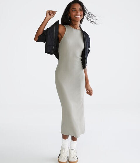 Solid High-Neck Ribbed Midi Dress