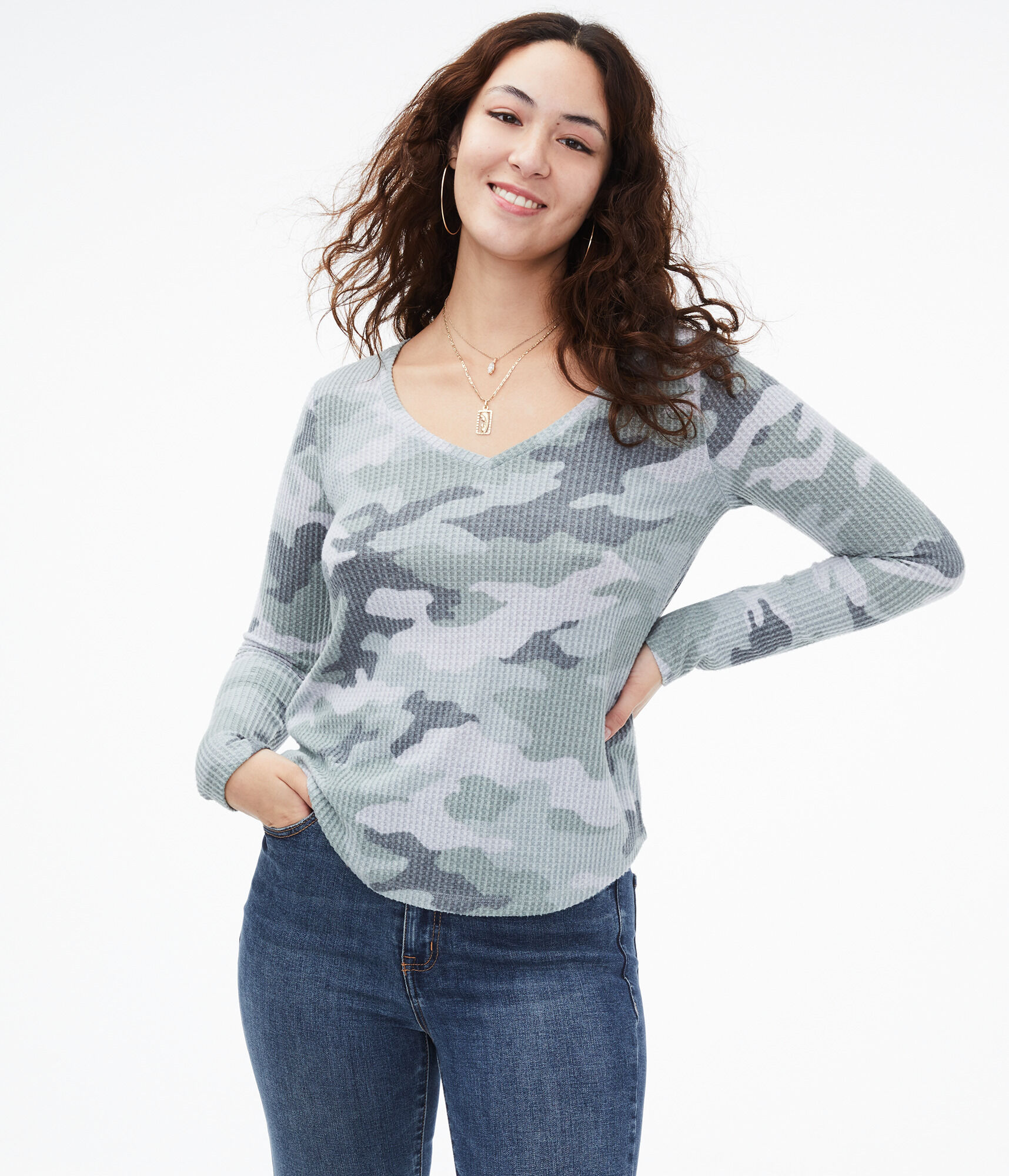 Long Sleeve Camo Waffle-Knit V-Neck Tee