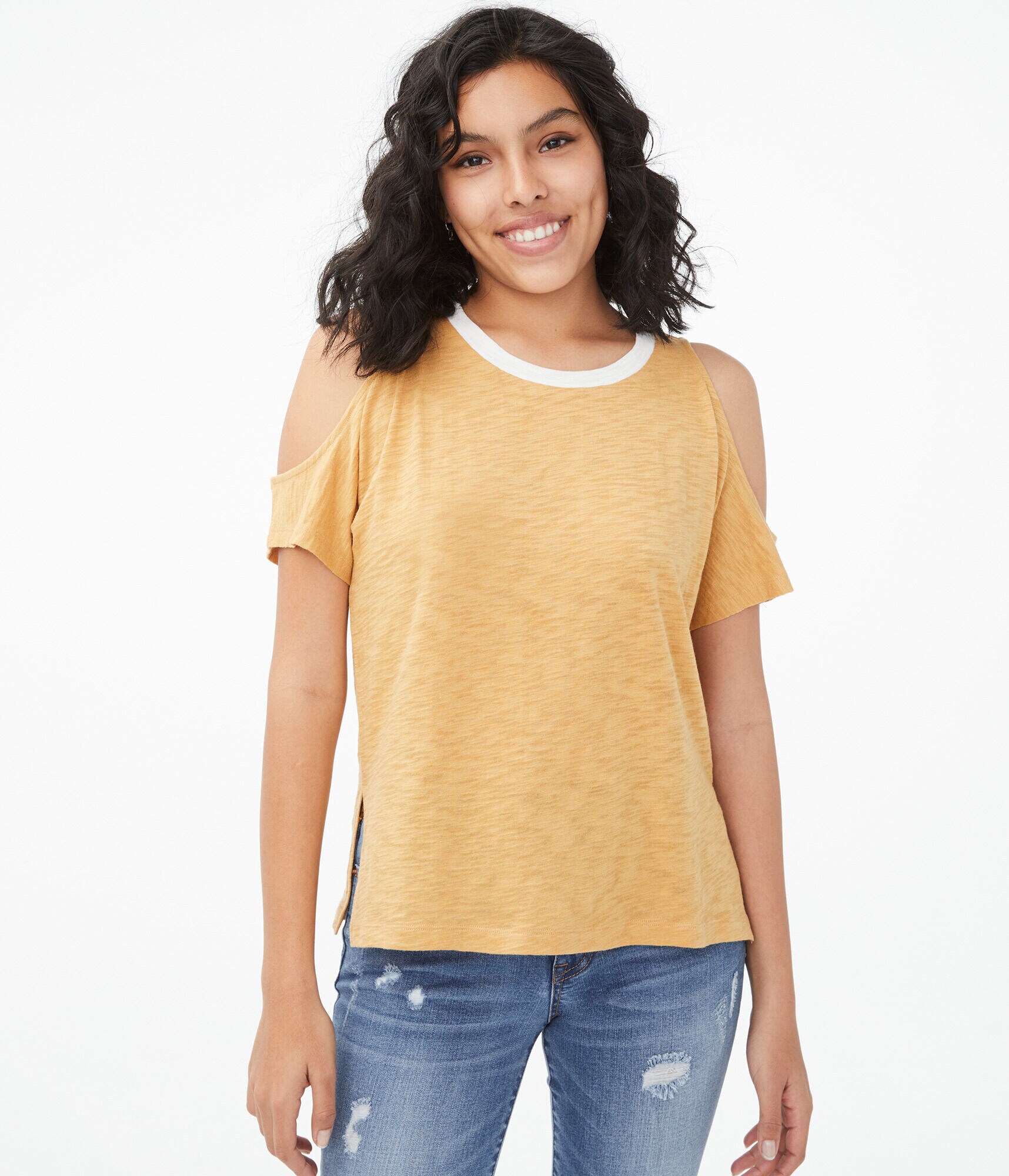 Ringer Cold-Shoulder Crew Tee