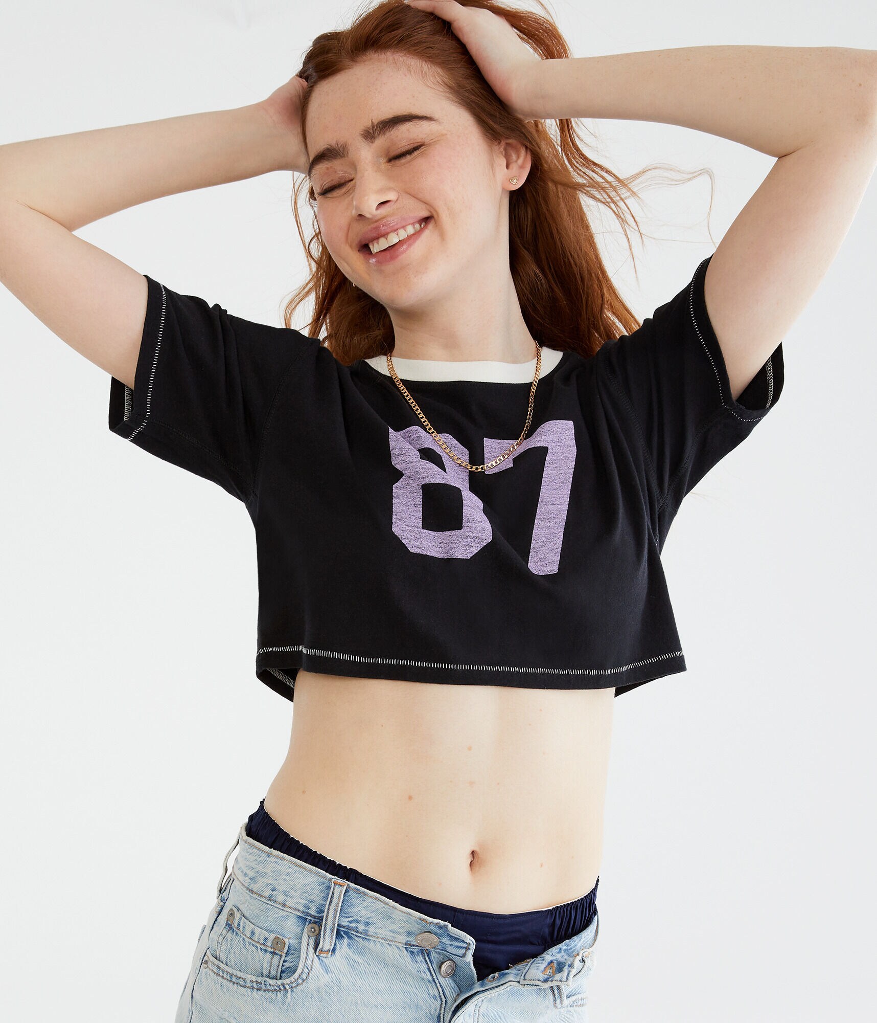 Number 87 Oversized Cropped Ringer Tee