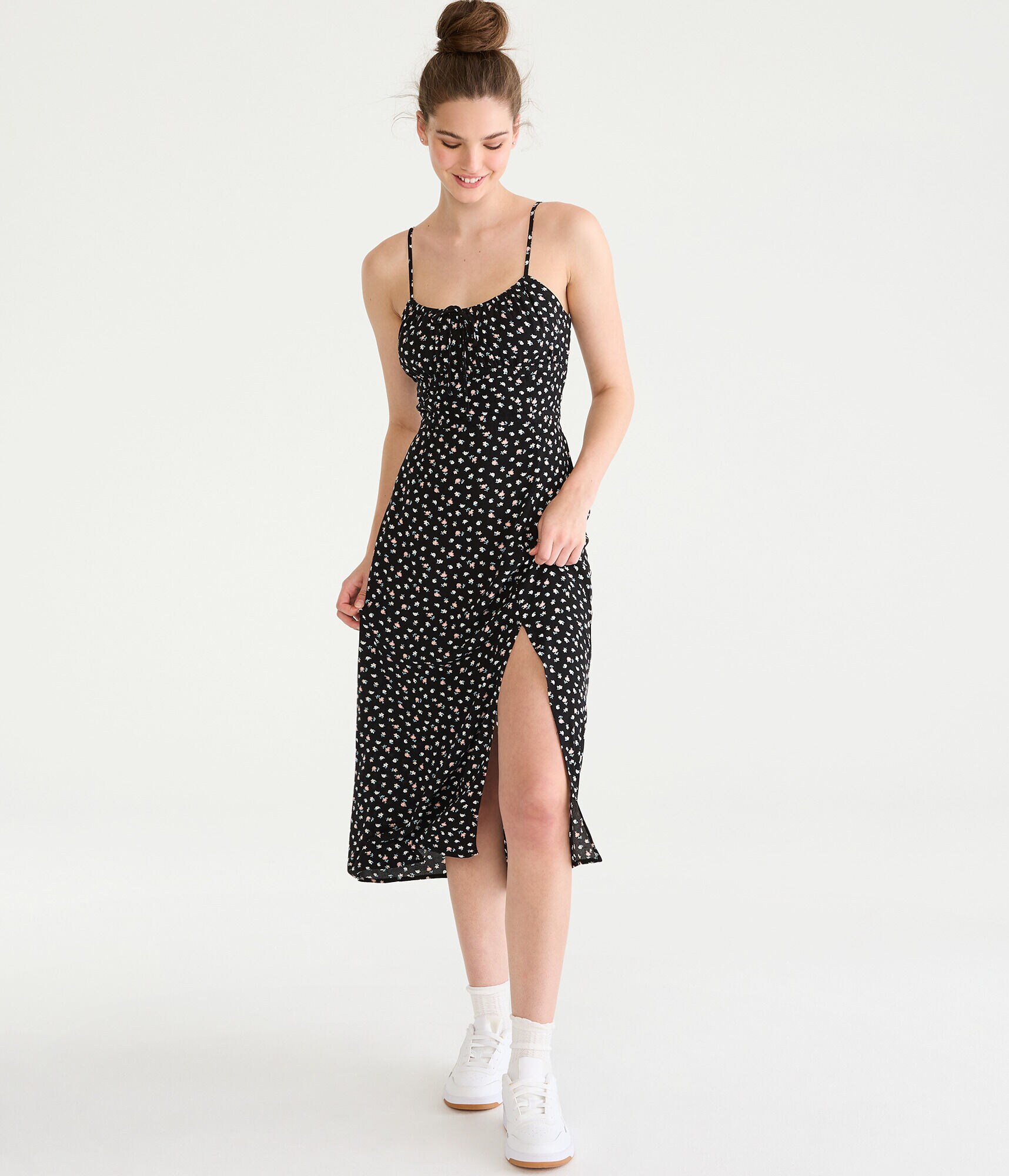 Floral Scoop-Neck Tie-Back Bustier Midi Dress