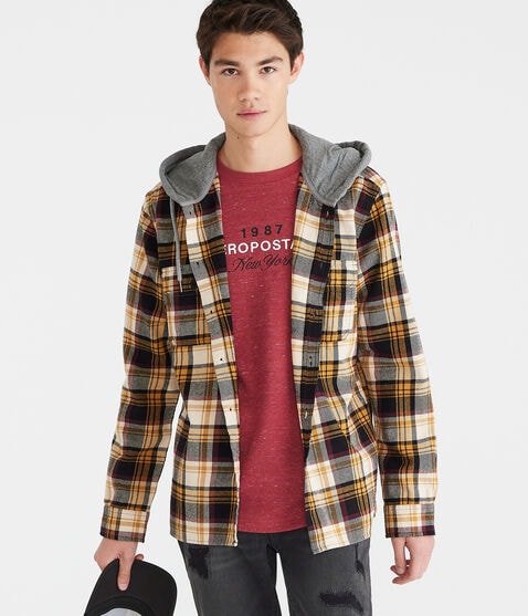 Long Sleeve Hooded Plaid Flannel Shirt