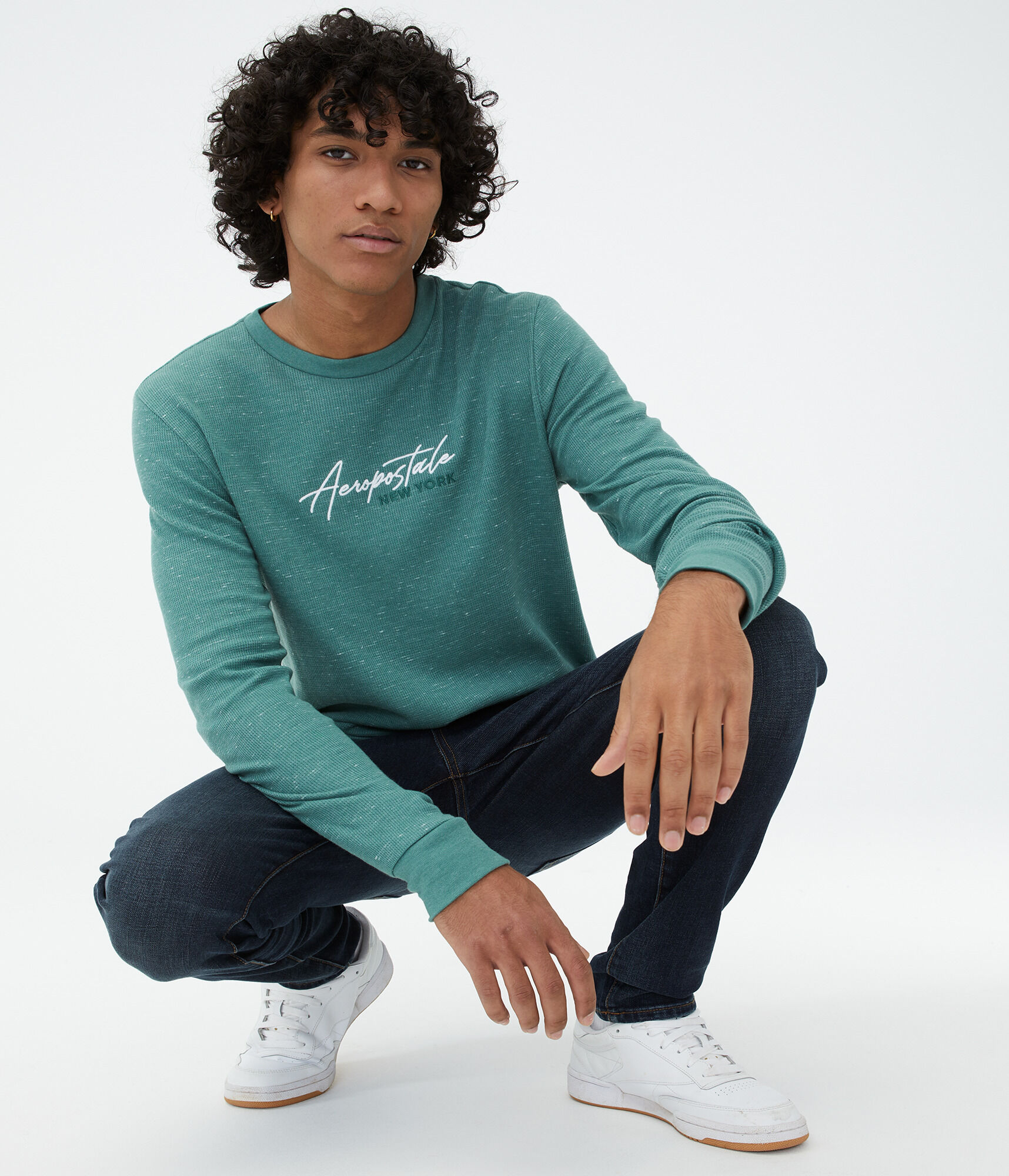 Long Sleeve Script Logo Curved Hem Thermal Graphic Tee