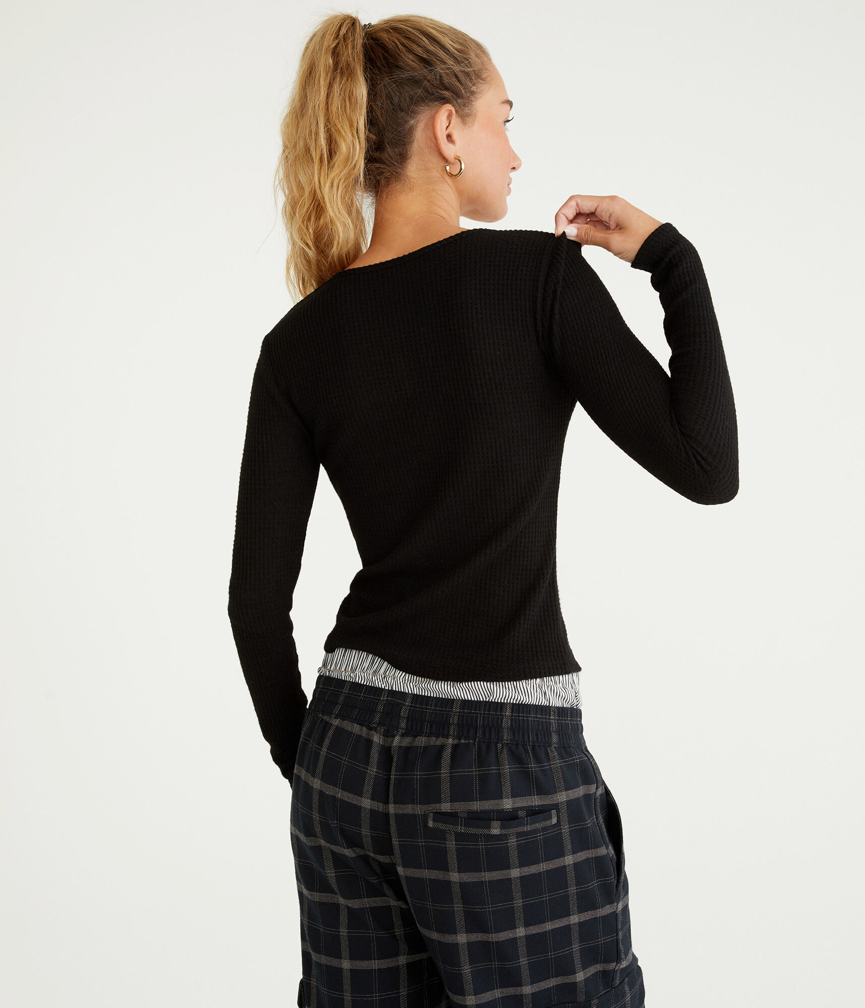 Long Sleeve Waffle Notch-Neck Shrunken Tee