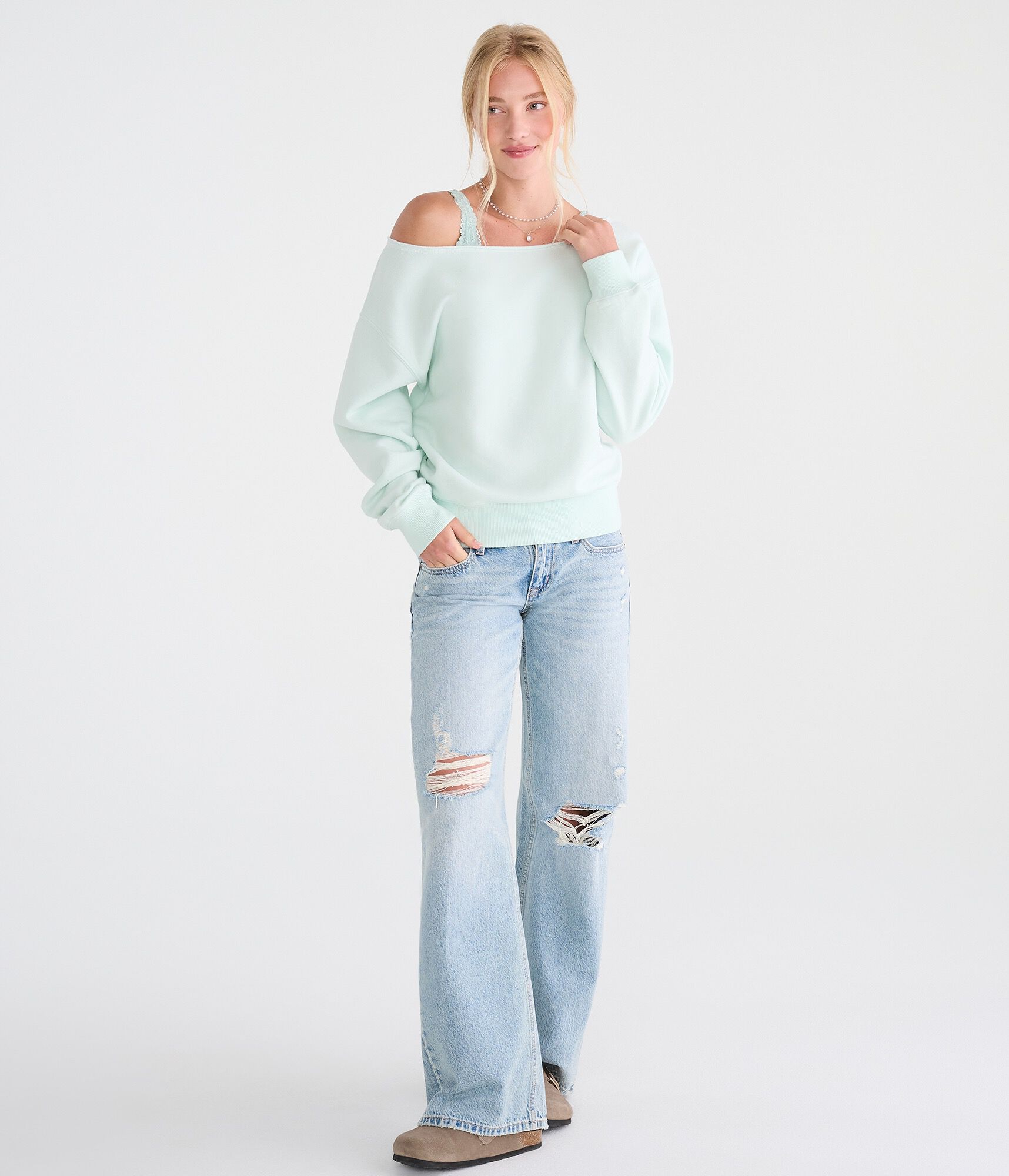 Cloud Soft Cinched Waist Off-The-Shoulder Sweatshirt