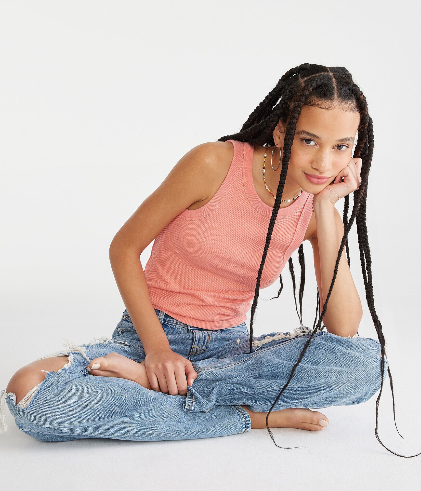 Washed High-Neck Cropped Waffle Tank