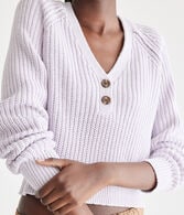 Ribbed Cropped V-Neck Henley Sweater