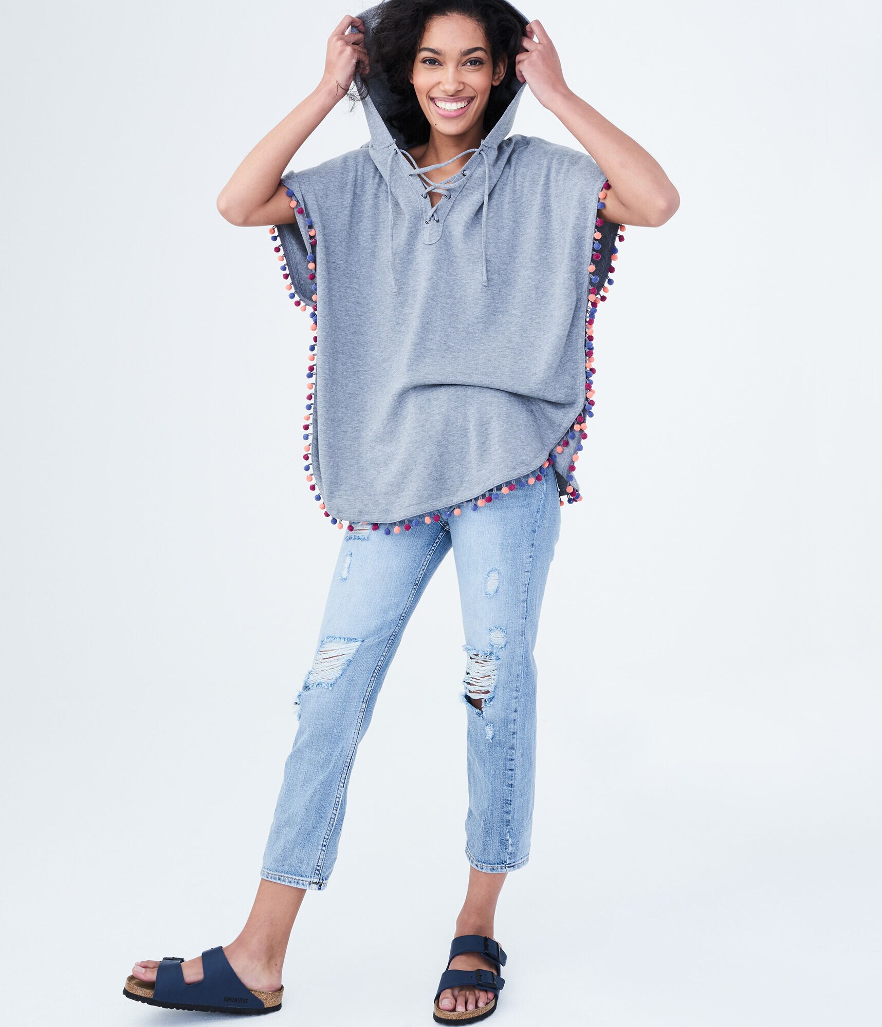 LLD Hooded Pom-Pom Lace-Up Poncho