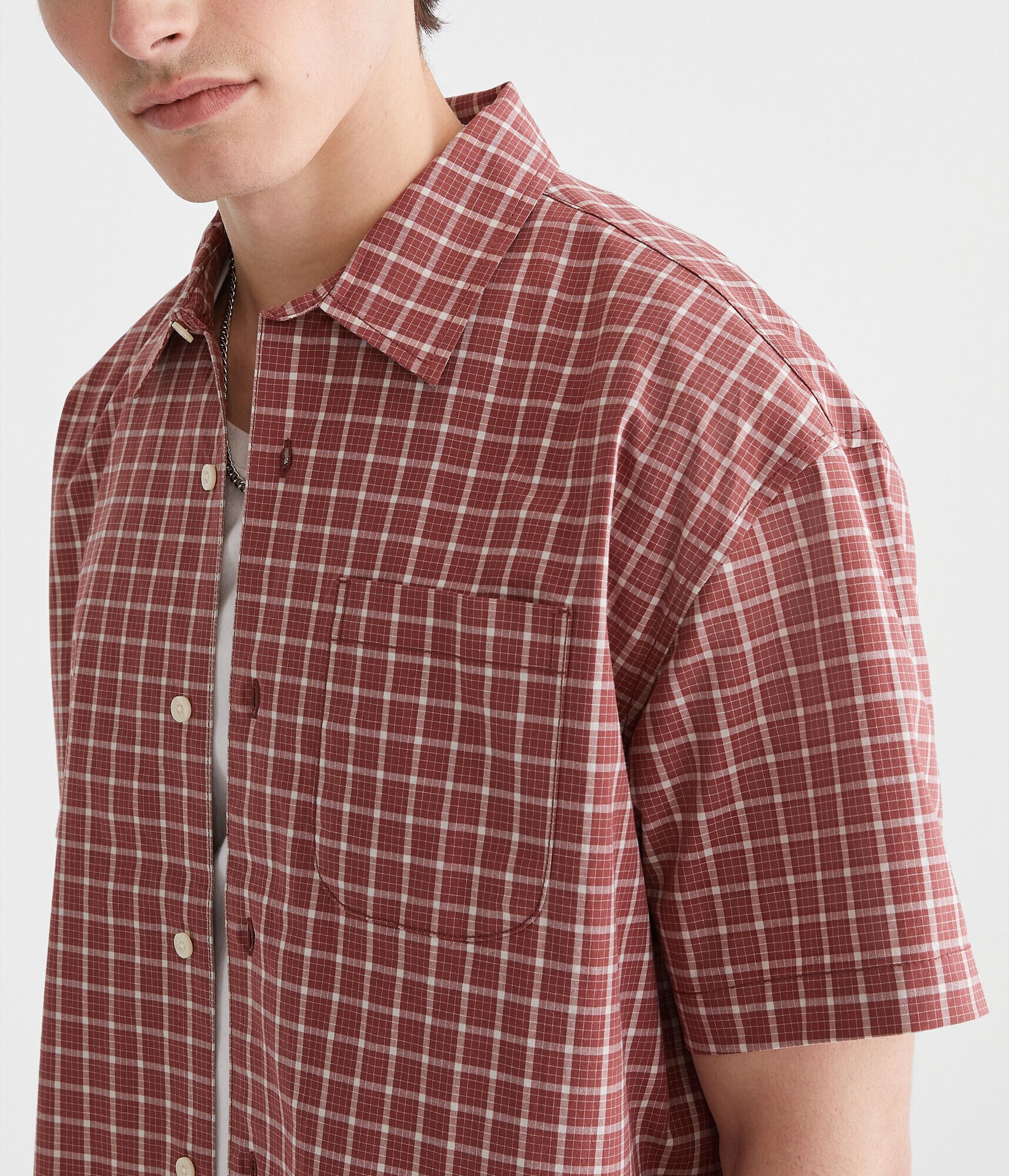 Short Sleeve Micro Plaid Boxy Shirt