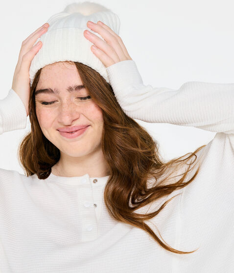 Long Sleeve Waffle-Knit Cropped Henley Tee