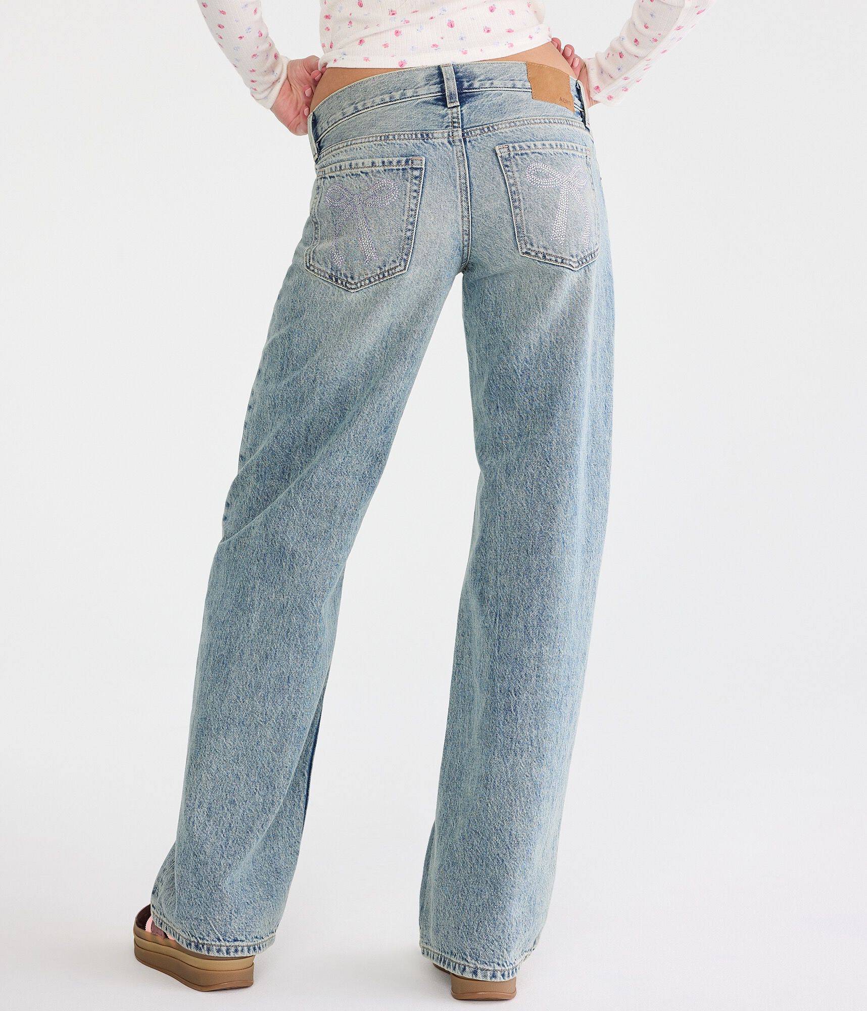 Super Low-Rise Baggy Wide Leg Rhinestone Bow Jean
