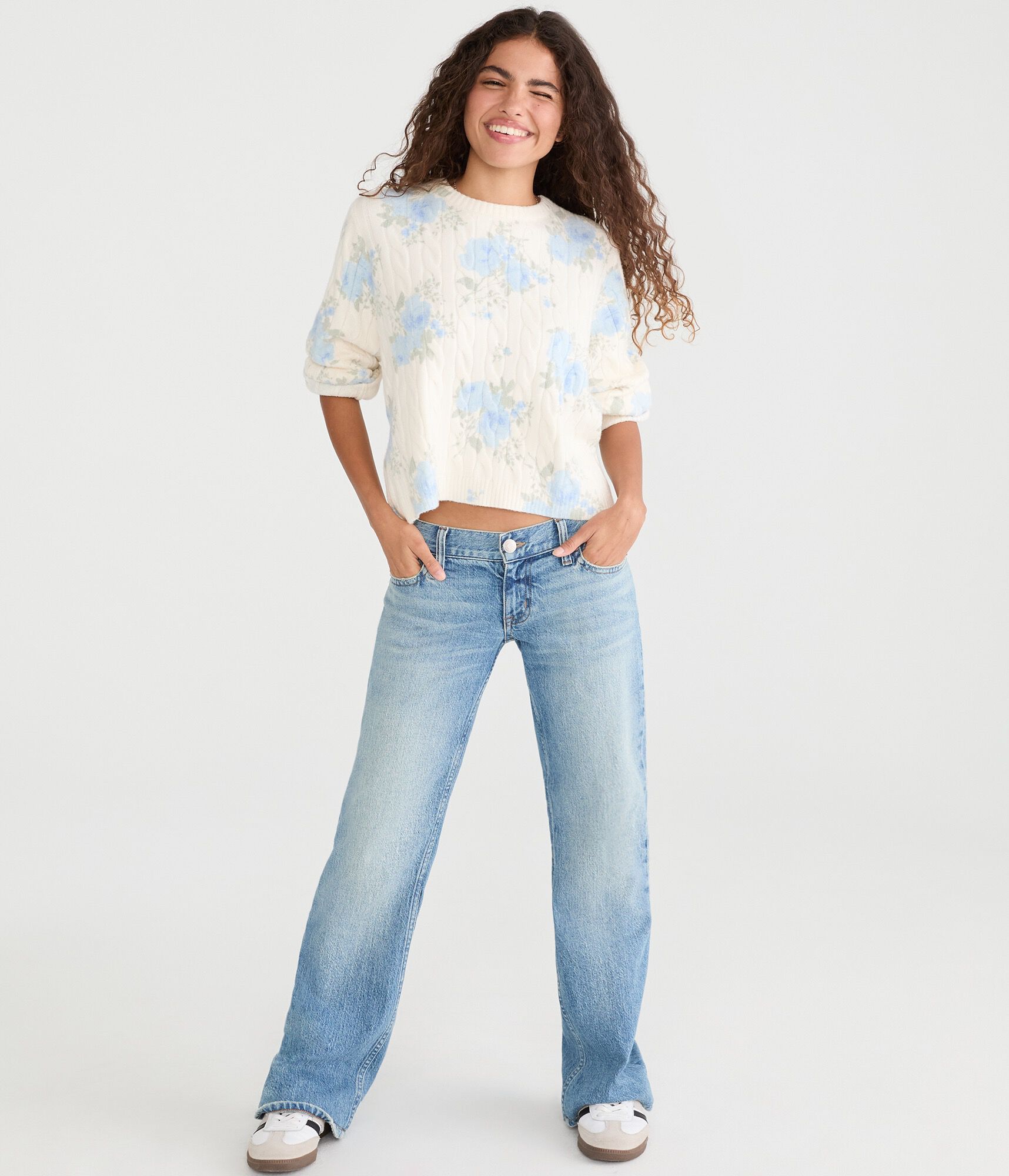 Floral Cable Knit Crew Sweater