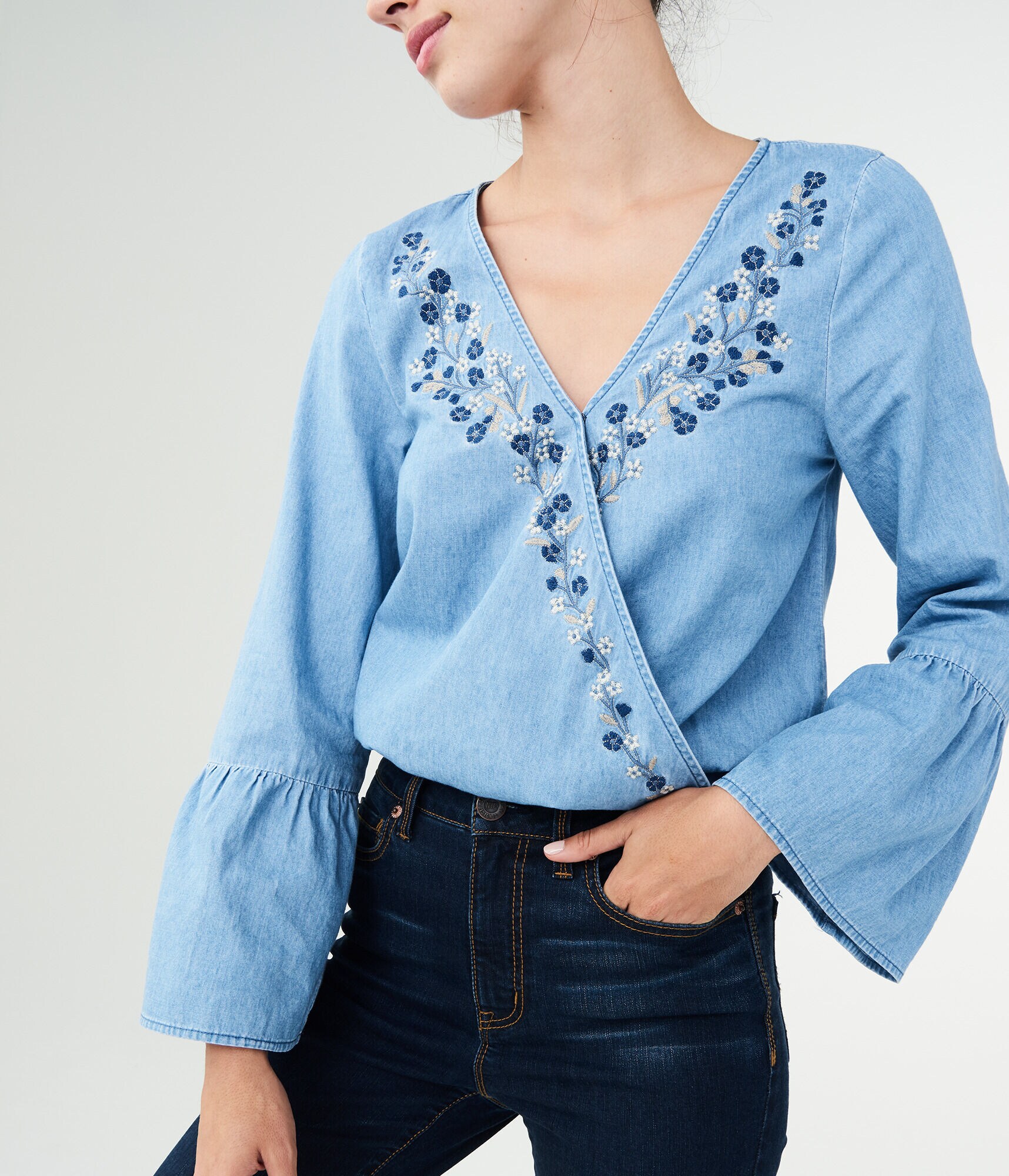 Long Sleeve Embroidered Wrap-Front Top