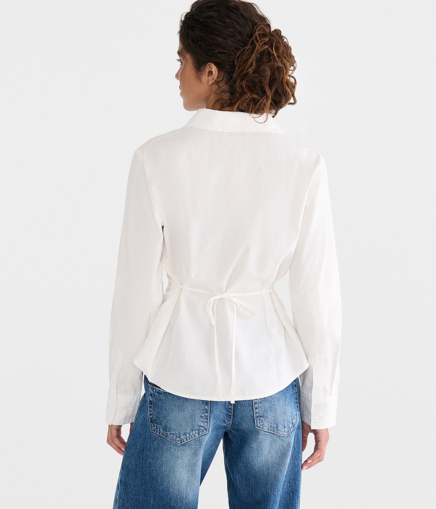 Long Sleeve Tonal Stripe Tie-Back Fitted Shirt