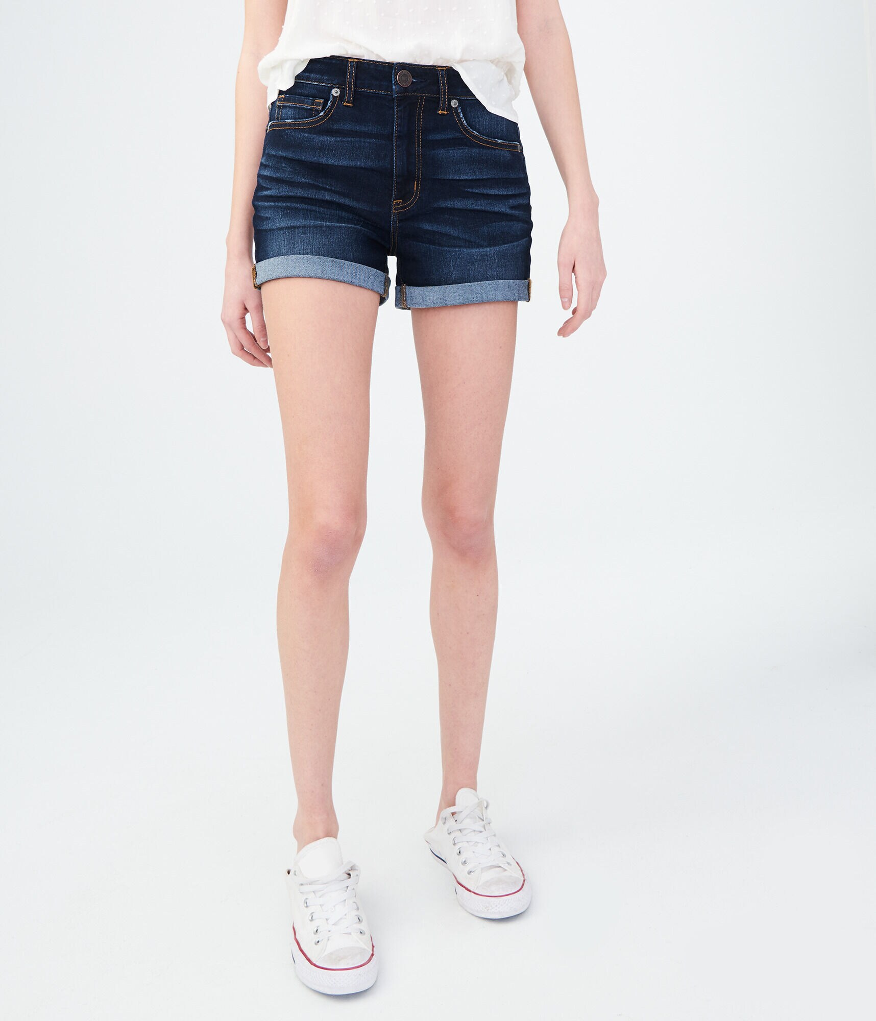 High-Waisted Dark Wash Denim Midi Shorts
