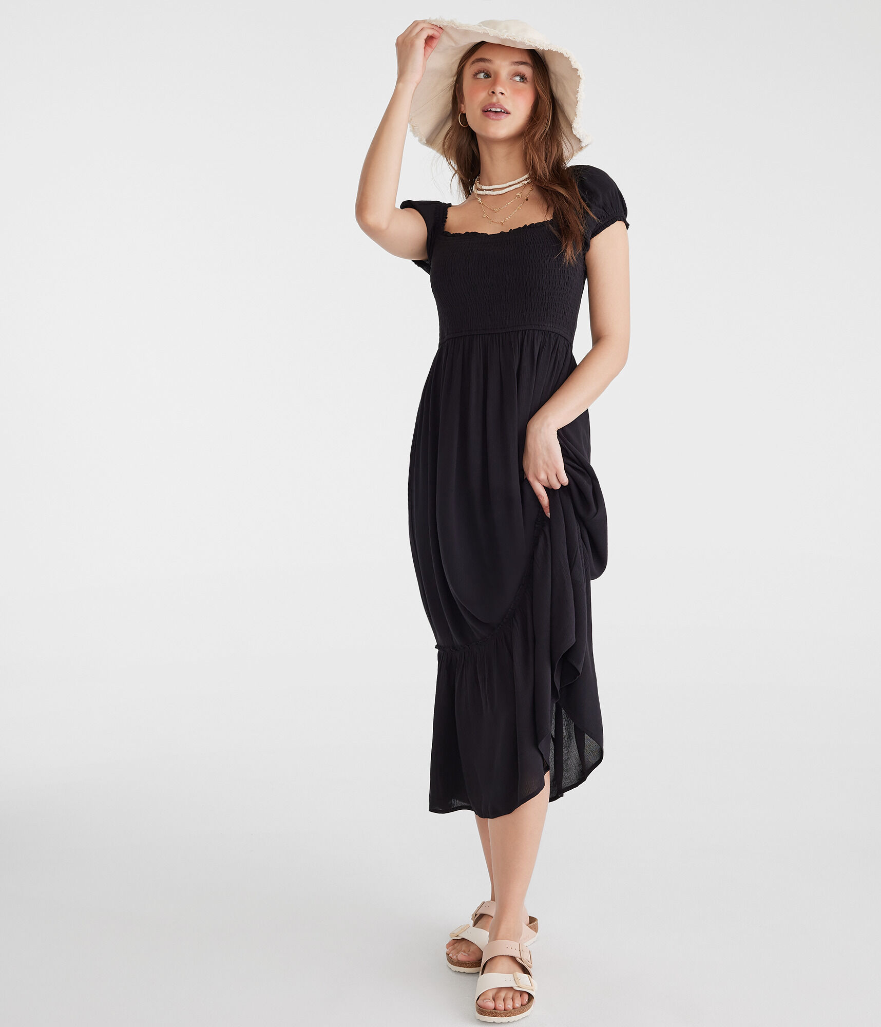 Solid Square-Neck Smocked Midi Dress