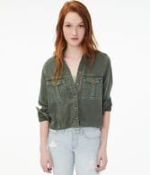 Long Sleeve Cropped Button-Down Shirt