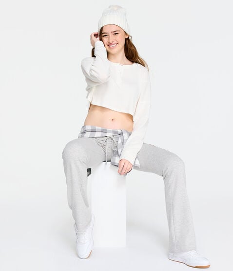 Long Sleeve Waffle-Knit Cropped Henley Tee