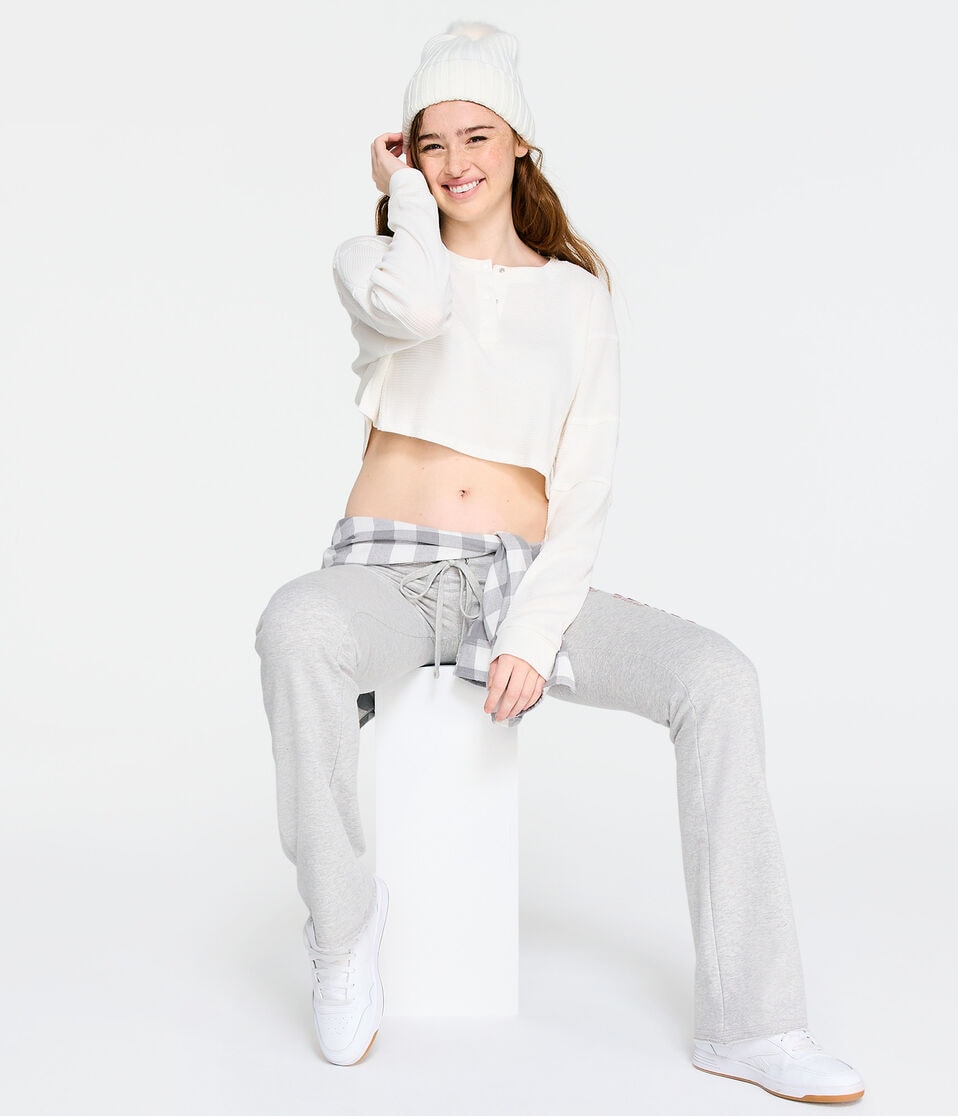 Long Sleeve Waffle-Knit Cropped Henley Tee